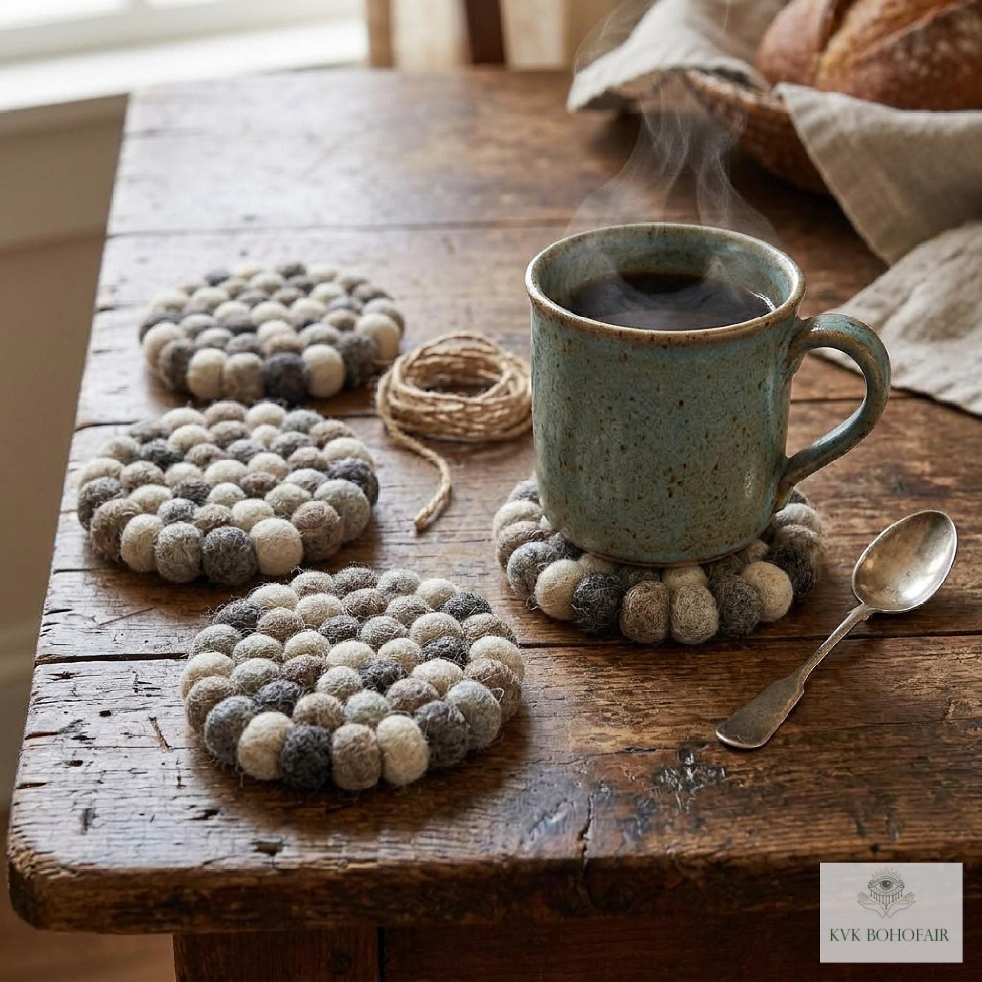 Mixed Gray Wool Felt Ball Coaster Set, Handmade Drink Mug Rug, Eco Cup Mat
