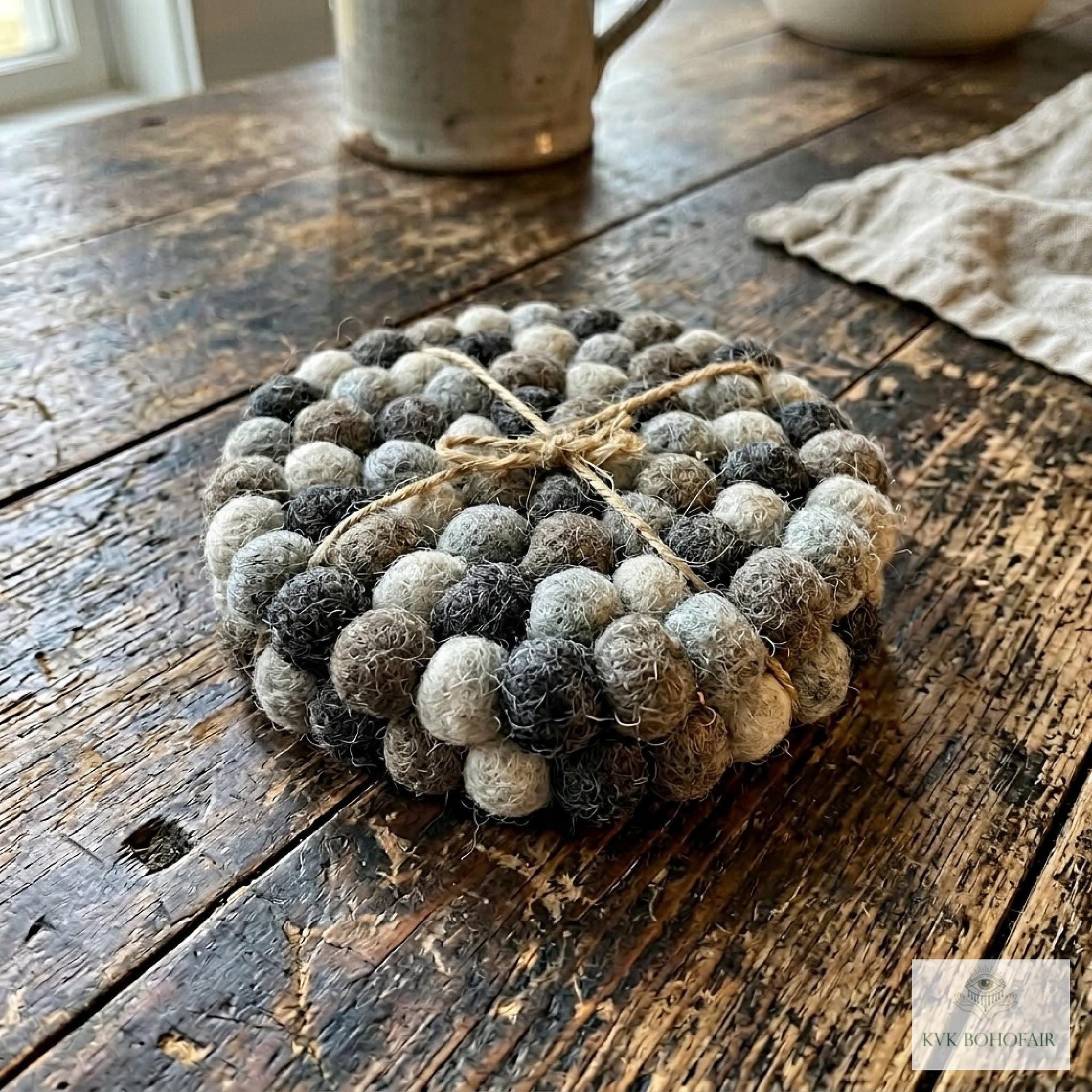 Mixed Gray Wool Felt Ball Coaster Set, Handmade Drink Mug Rug, Eco Cup Mat