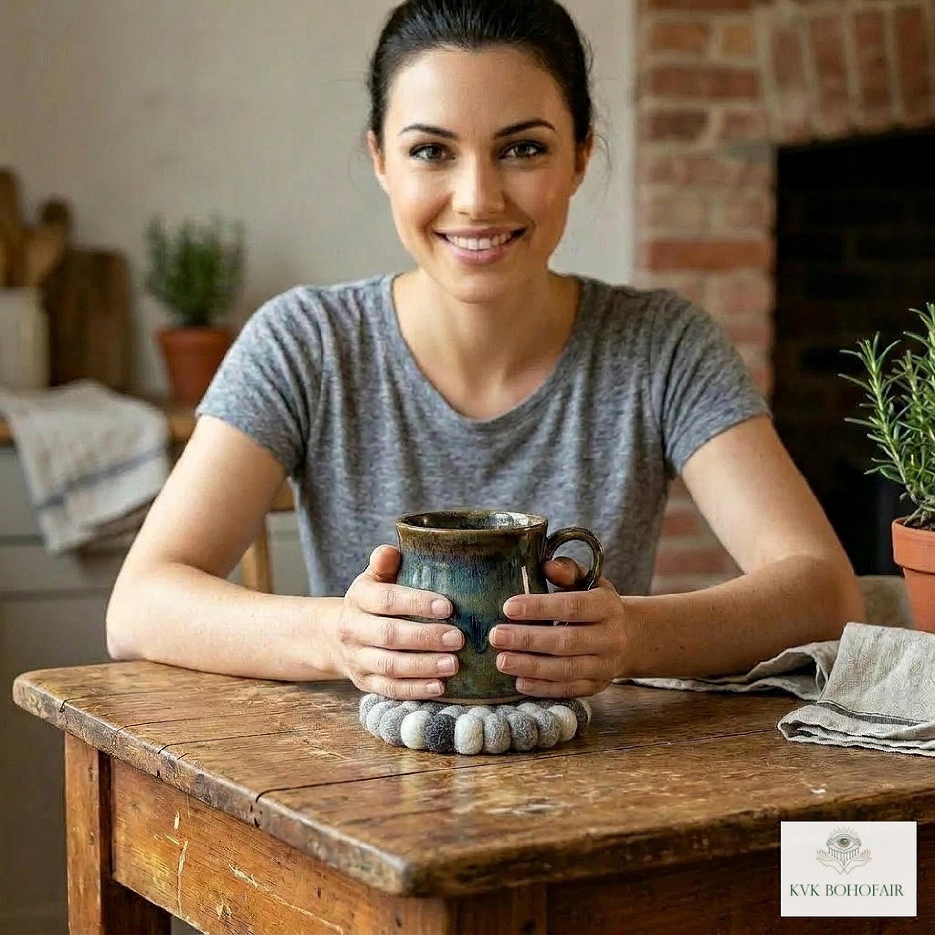 Mixed Gray Wool Felt Ball Coaster Set, Handmade Drink Mug Rug, Eco Cup Mat