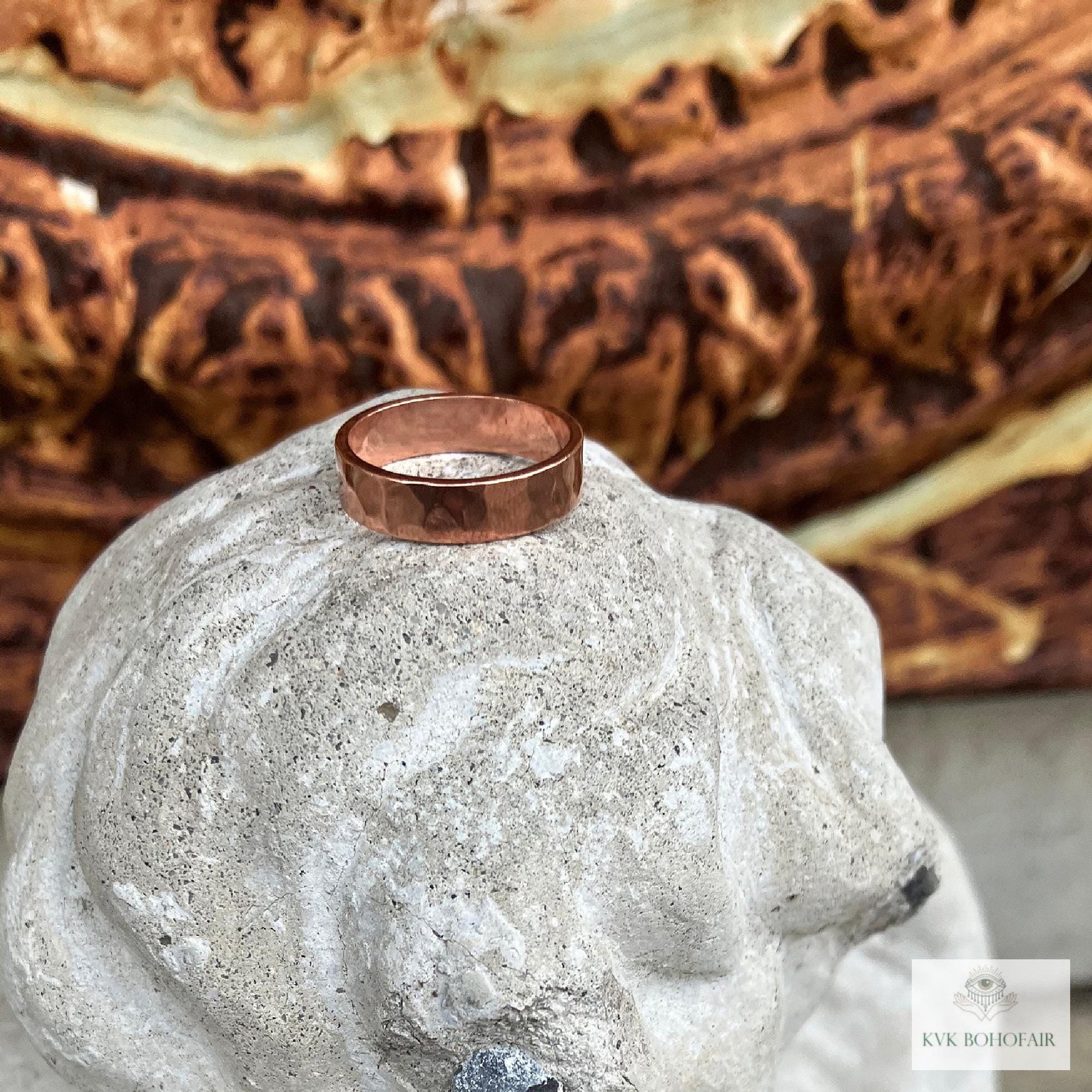 4.7 mm Copper Ring - Rustic Hammered Band, Unique Boho Style Jewelry