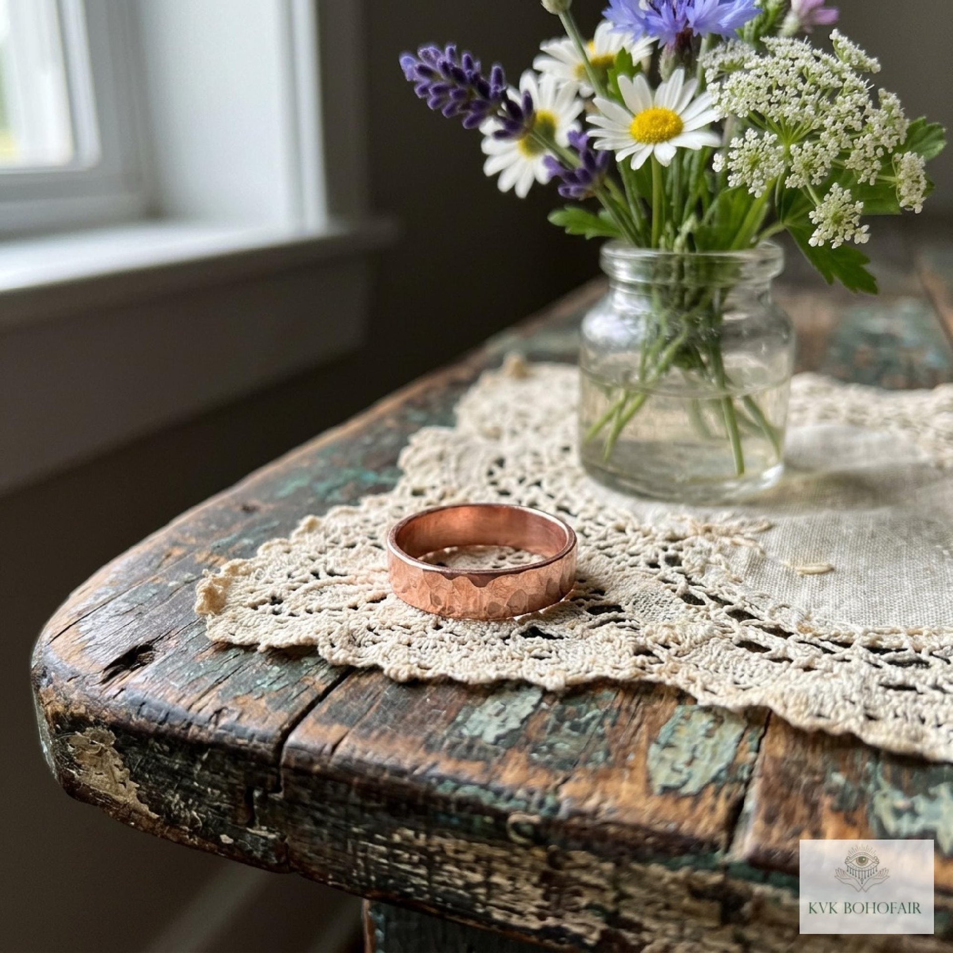 4.7 mm Copper Ring - Rustic Hammered Band, Unique Boho Style Jewelry