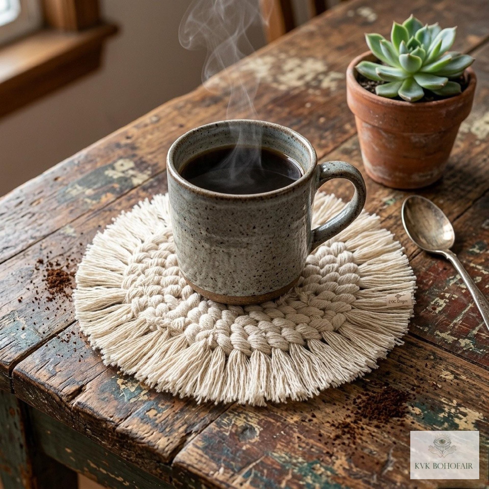 Boho Macrame Coasters - Handmade Drink Coasters, Set of 4, Eco-Friendly