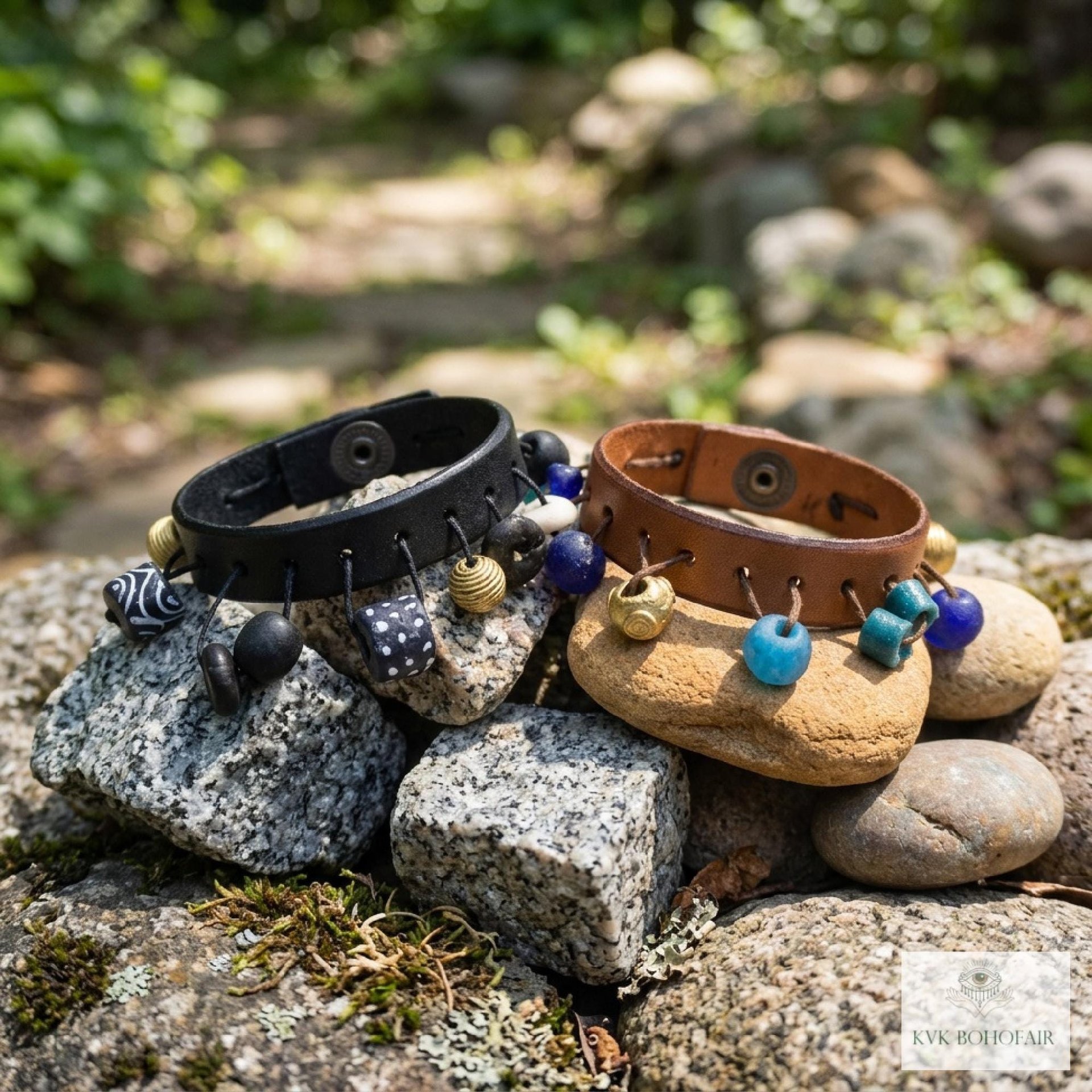 Artisan Leather & Glass Bead Slim Cuff - Handcrafted Boho Jewelry