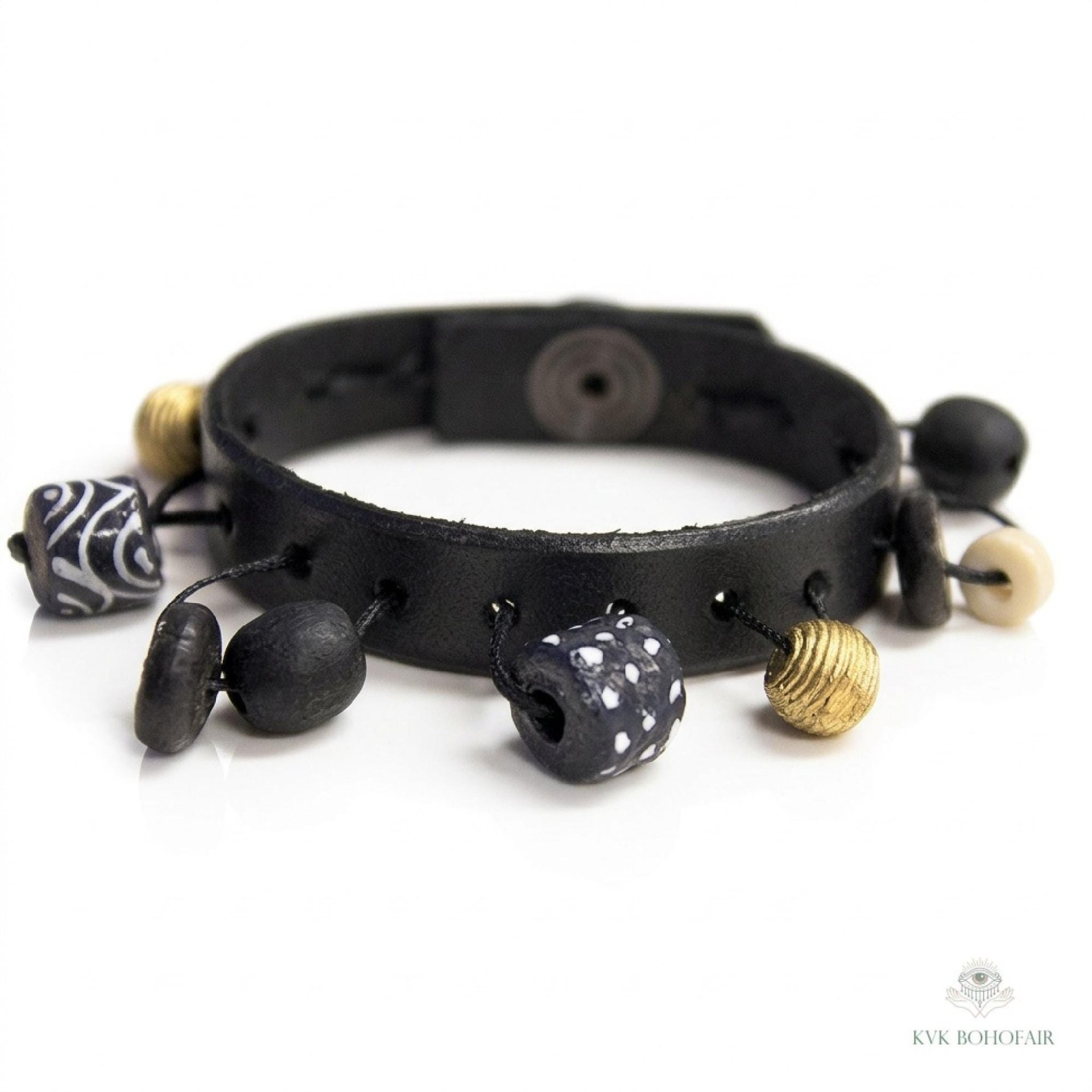 Artisan Leather & Glass Bead Slim Cuff - Handcrafted Boho Jewelry