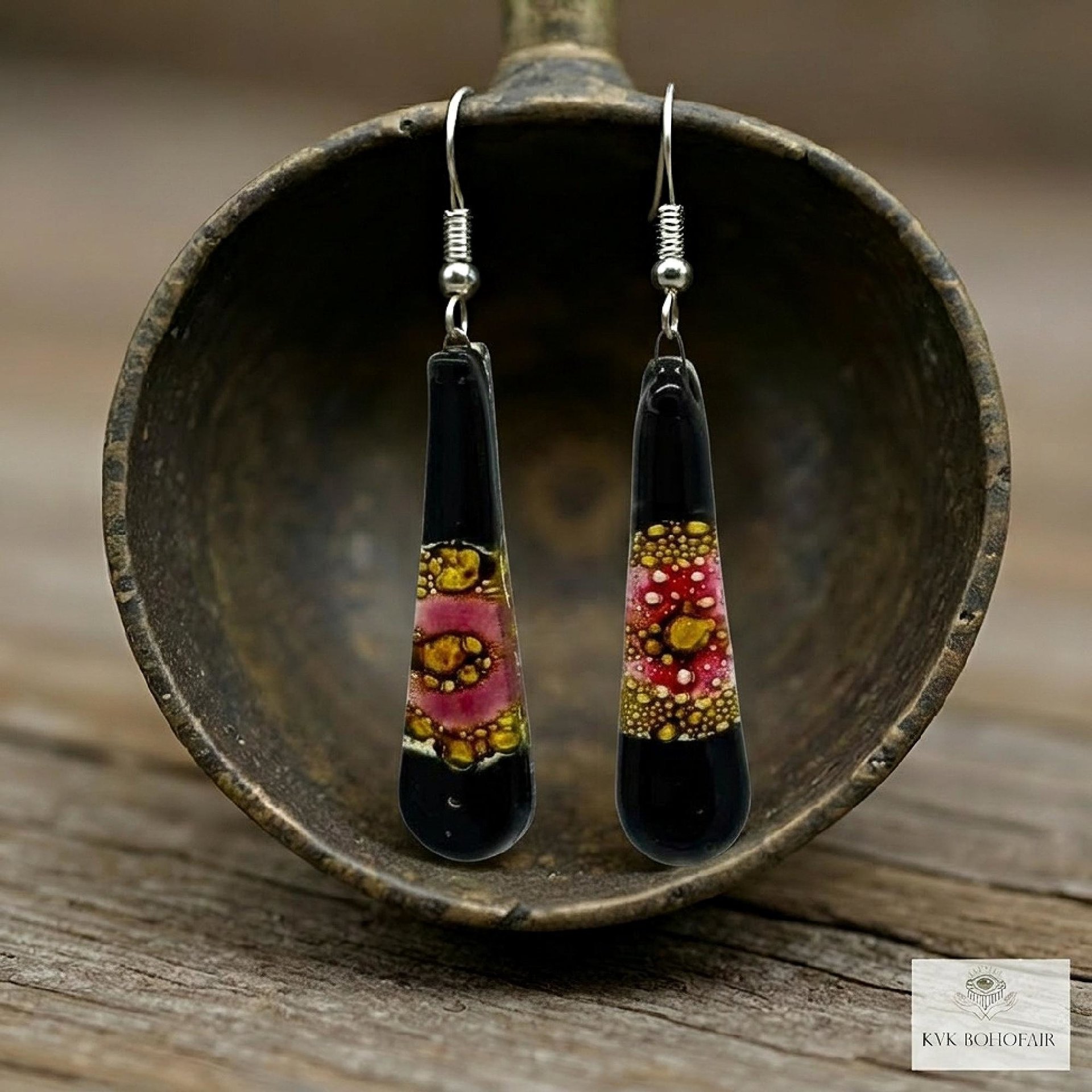 Handcrafted Black Fused Dichroic Glass Earrings - Boho Teardrop Dangle Earrings