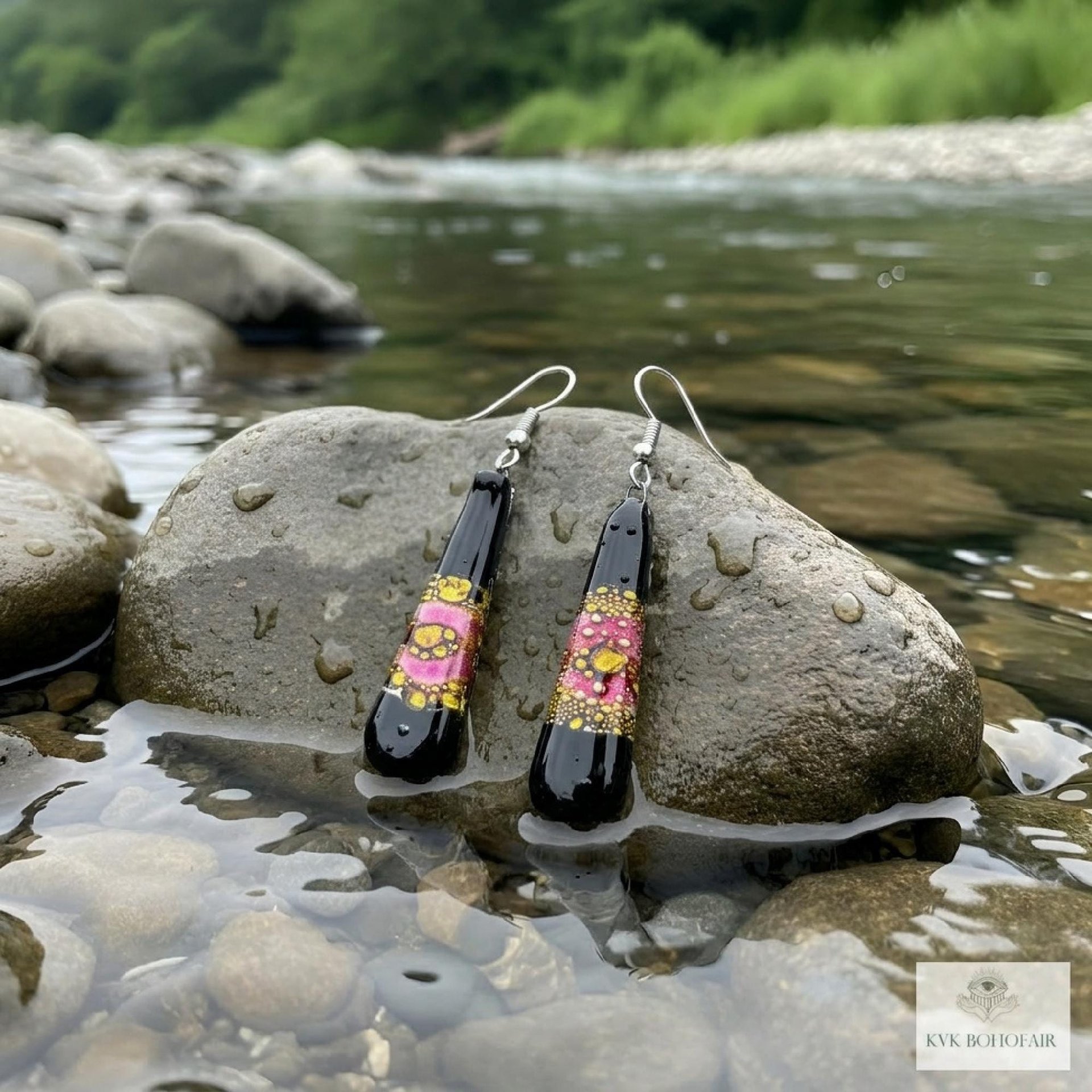 Handcrafted Black Fused Dichroic Glass Earrings - Boho Teardrop Dangle Earrings