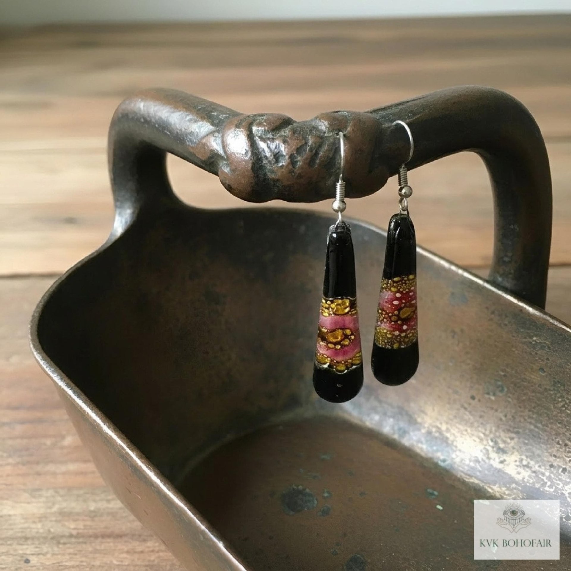 Handcrafted Black Fused Dichroic Glass Earrings - Boho Teardrop Dangle Earrings