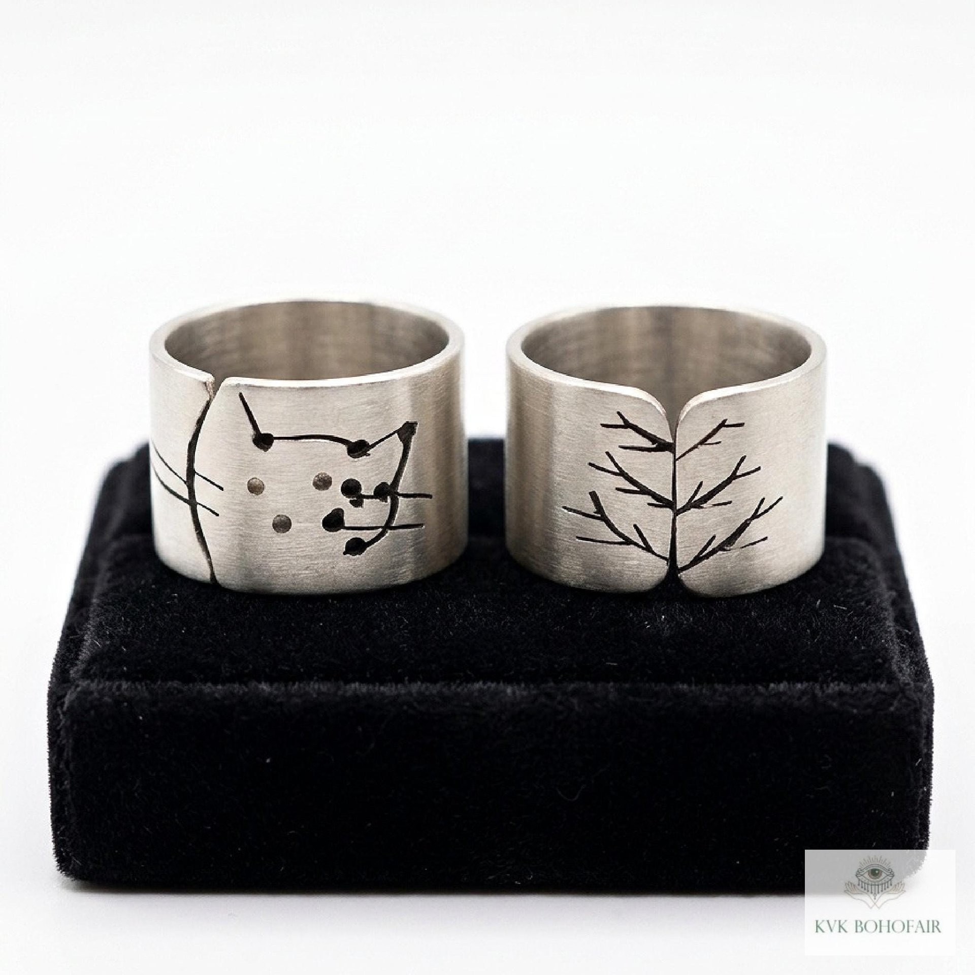 Silver-Plated Brass Cat Tree Face Ring – Rustic Boho Adjustable Statement Jewelry