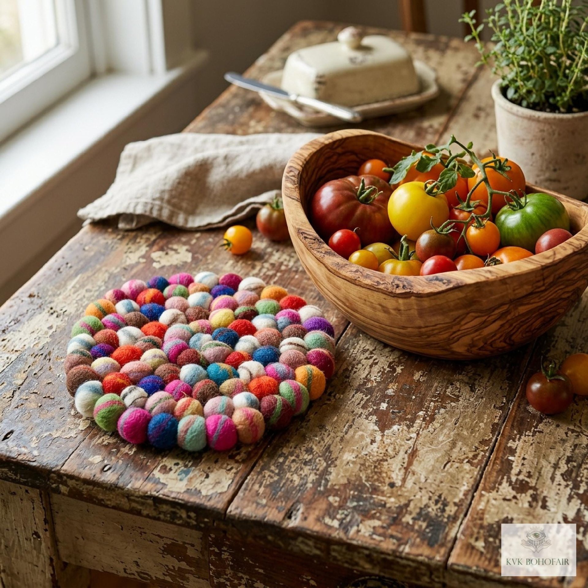 Colorful Wool Felt Ball Trivet, Boho Kitchen Hot Pad, Handwoven Table Pot Holder
