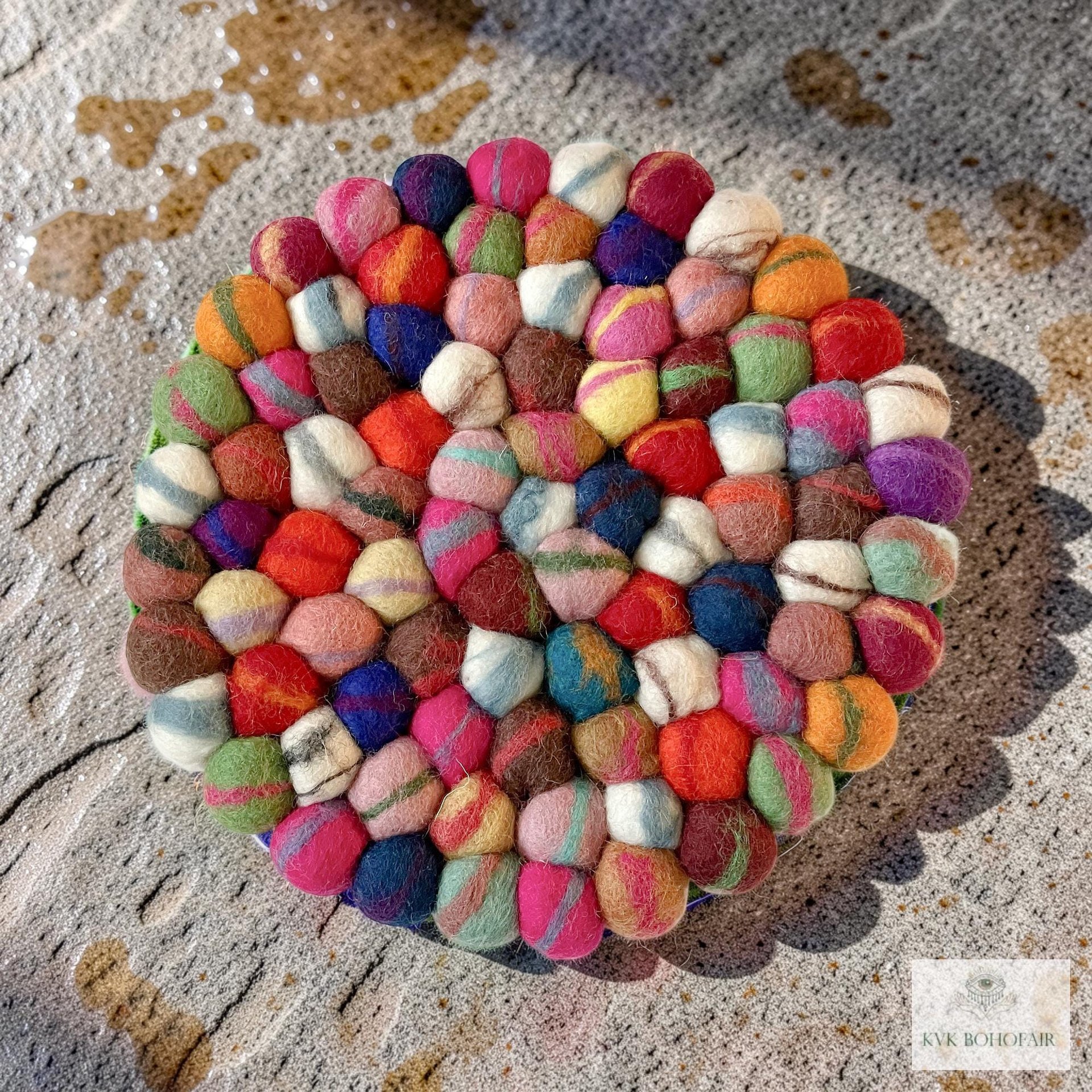 Colorful Wool Felt Ball Trivet, Boho Kitchen Hot Pad, Handwoven Table Pot Holder