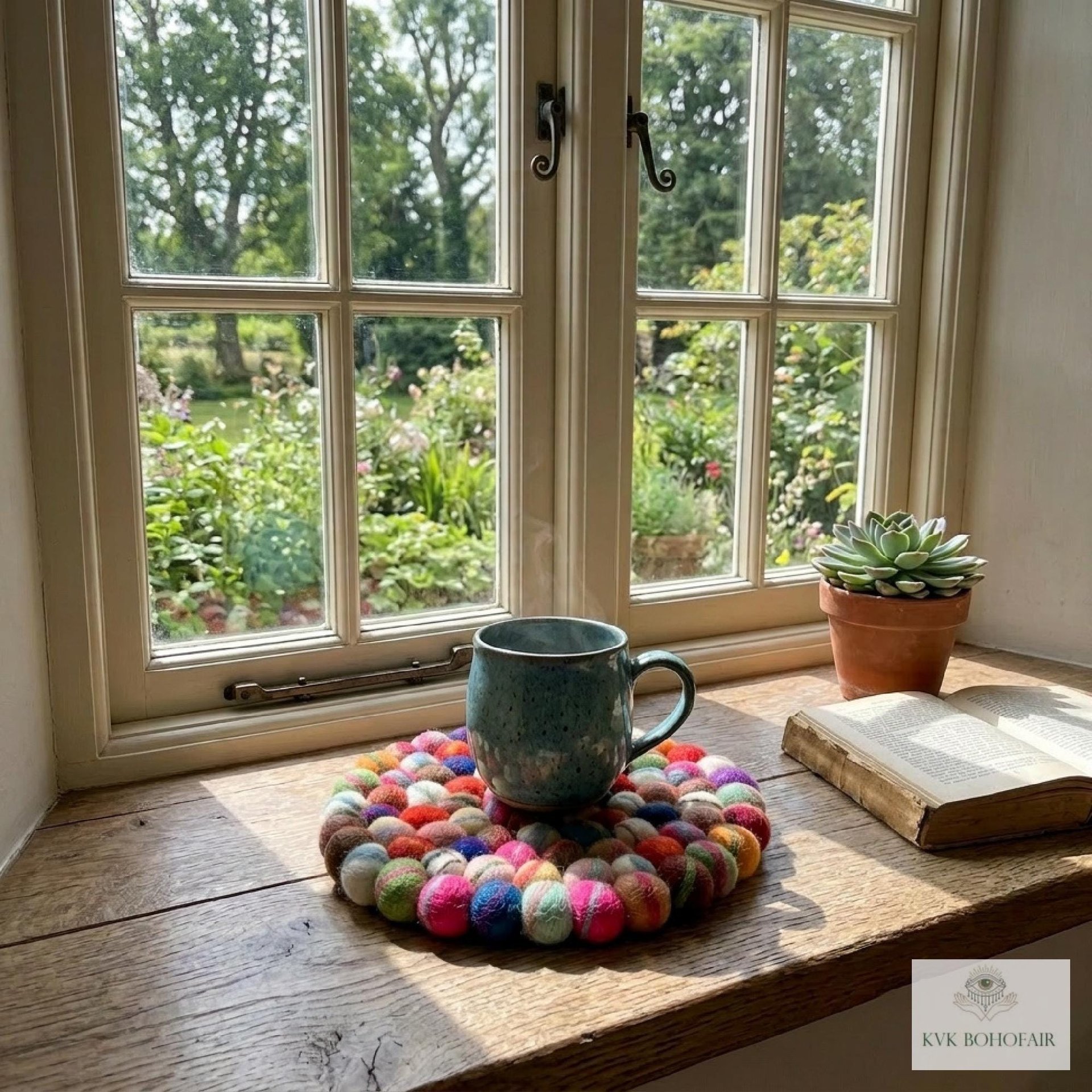 Colorful Wool Felt Ball Trivet, Boho Kitchen Hot Pad, Handwoven Table Pot Holder
