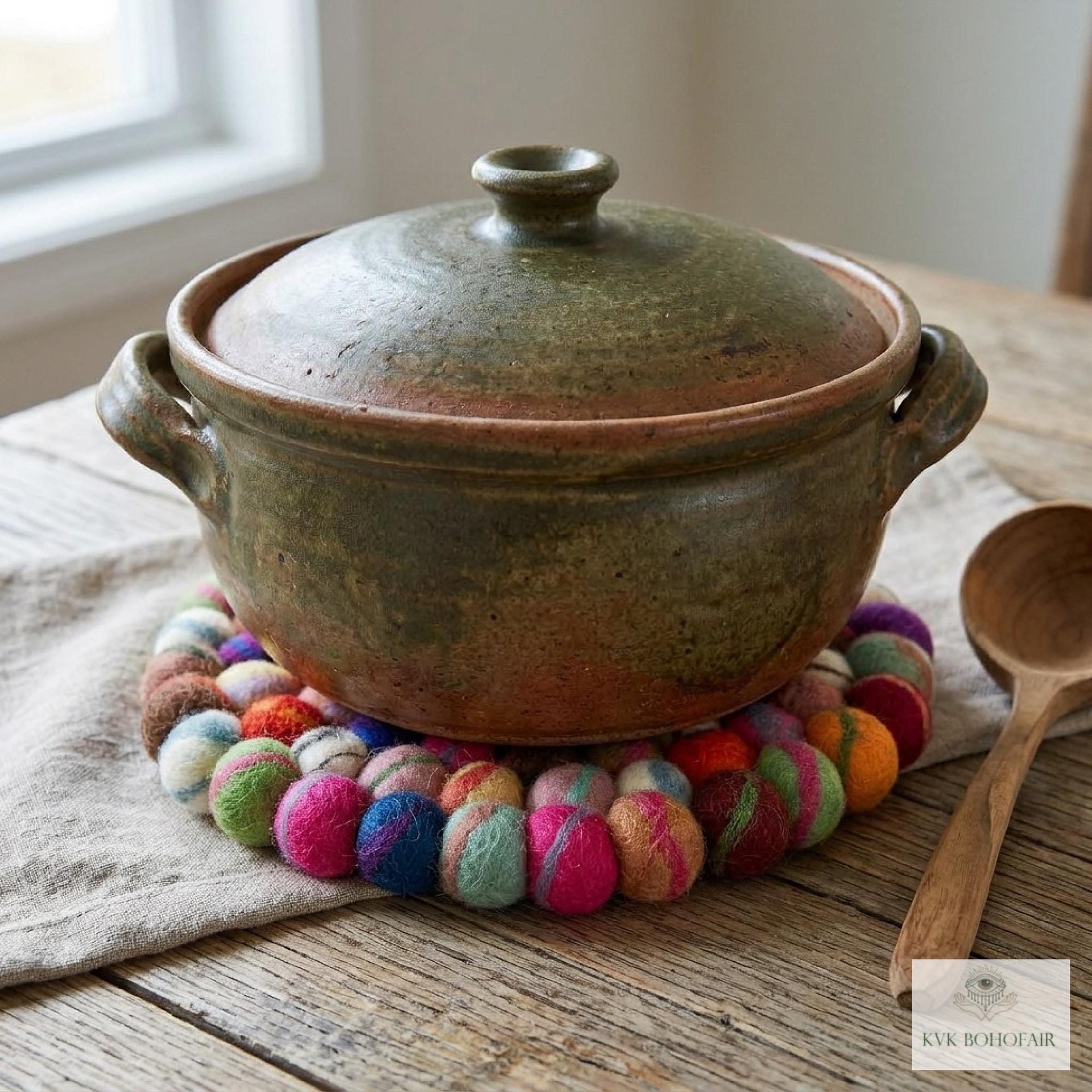 Colorful Wool Felt Ball Trivet, Boho Kitchen Hot Pad, Handwoven Table Pot Holder