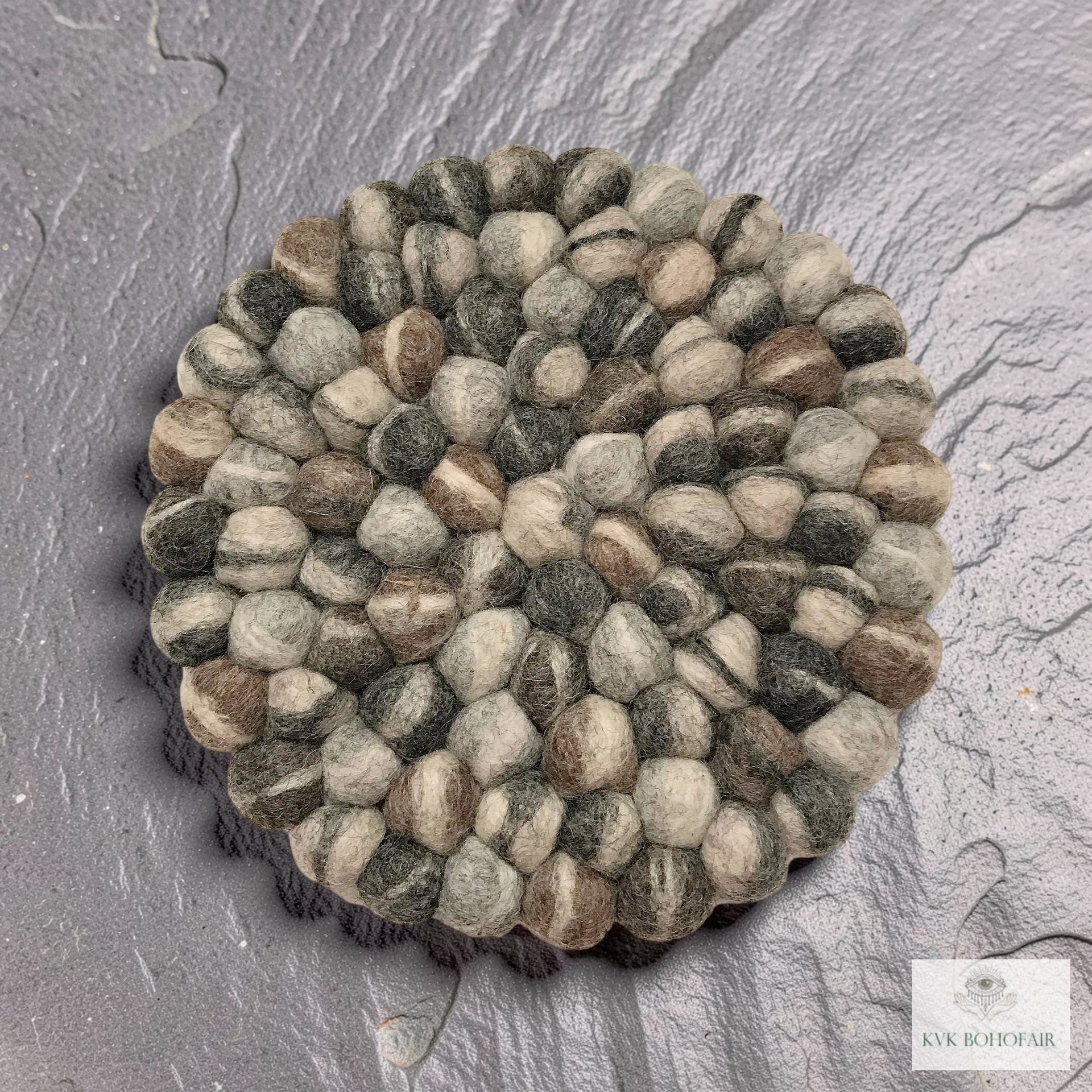 Mixed Gray Wool Felt Ball Trivet, Boho Kitchen Hot Pad, Coaster Table Pot Holder