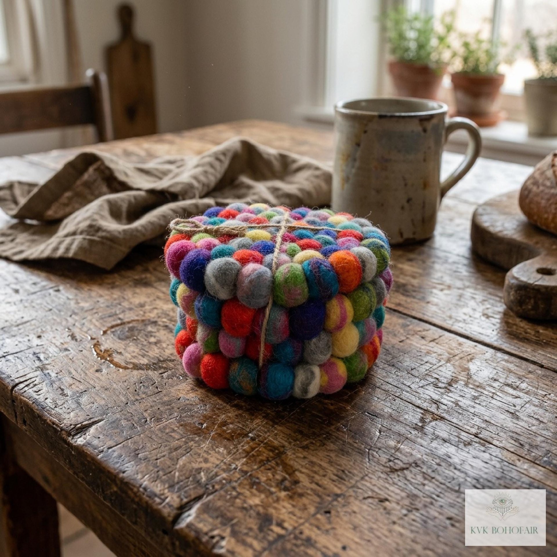 Colorful Wool Felt Ball Coaster Set, Handmade Drink Mug Rug, Eco Cup Mat