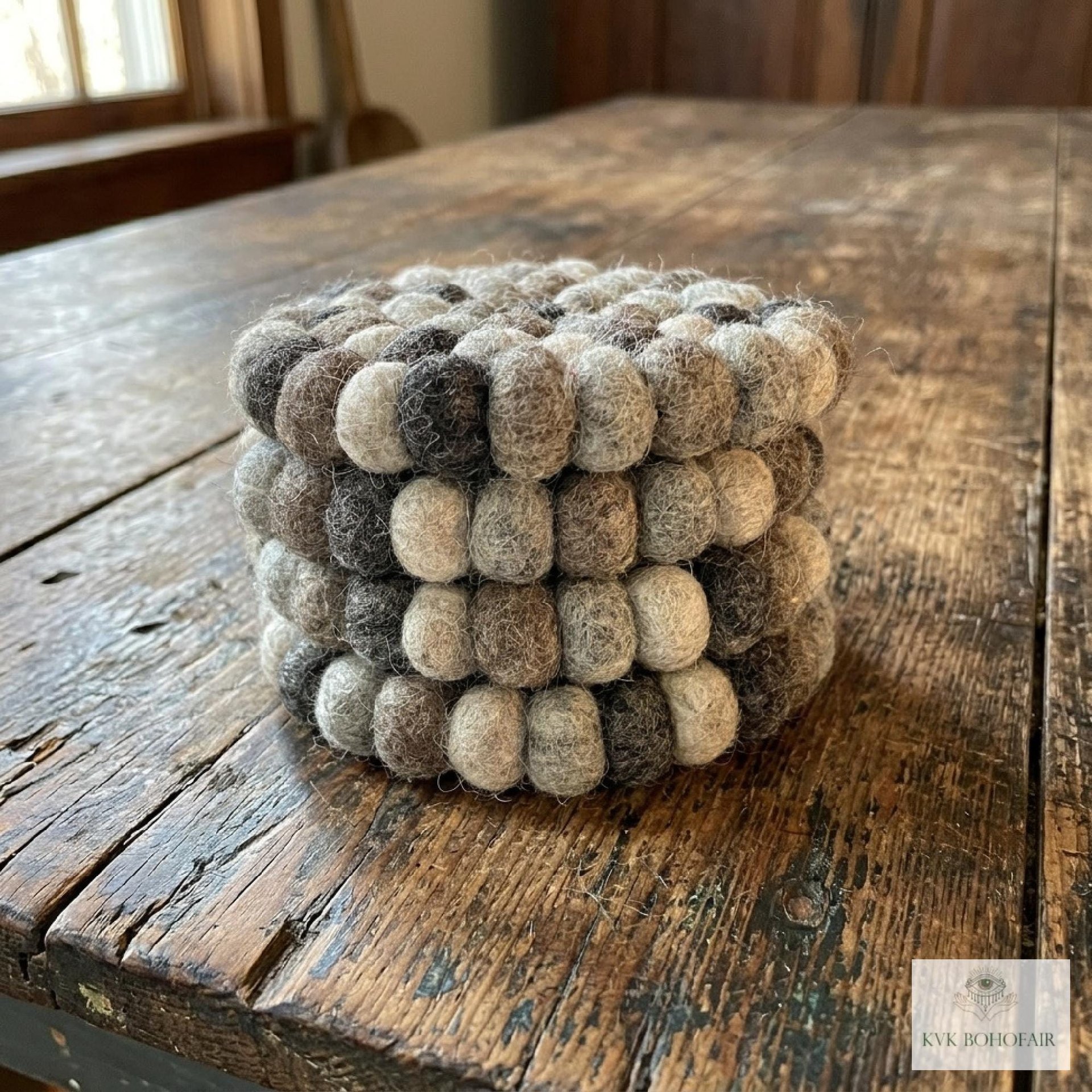 Mixed Gray Wool Felt Ball Coaster Set, Handmade Drink Mug Rug, Eco Cup Mat
