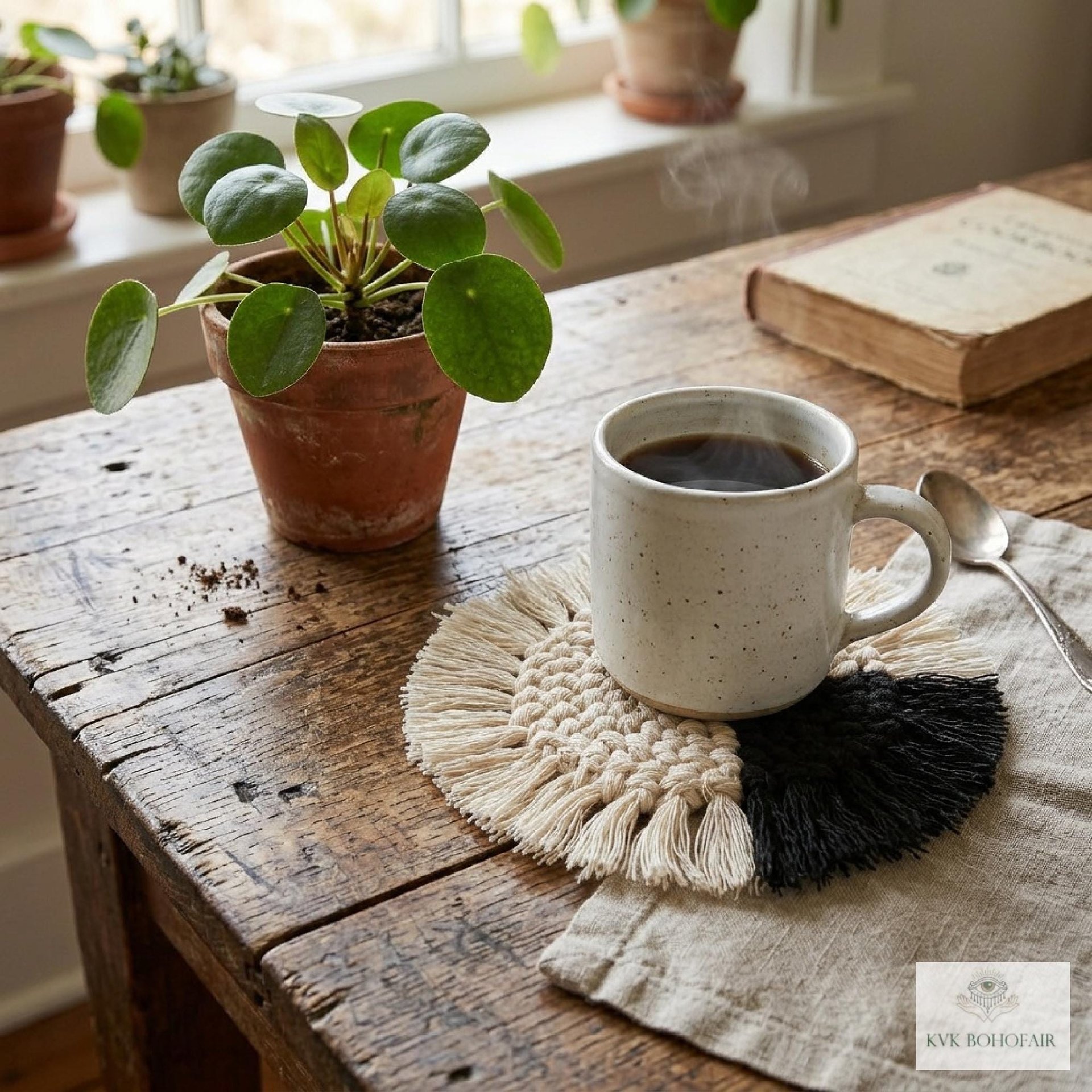 Boho Macrame Coasters - Handmade Drink Coasters, Set of 4, Eco-Friendly