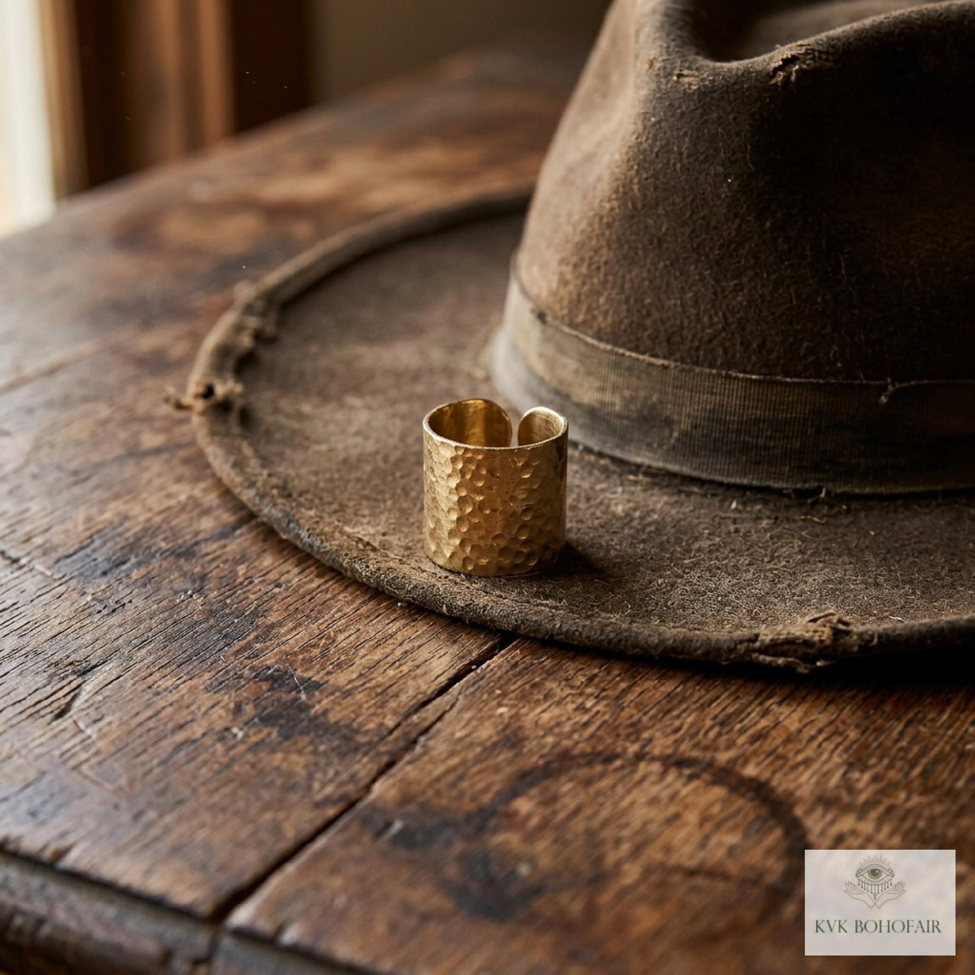 Handcrafted Brass Hammered Ring - Rustic Open-Back Band, Unique Boho Style Jewelry