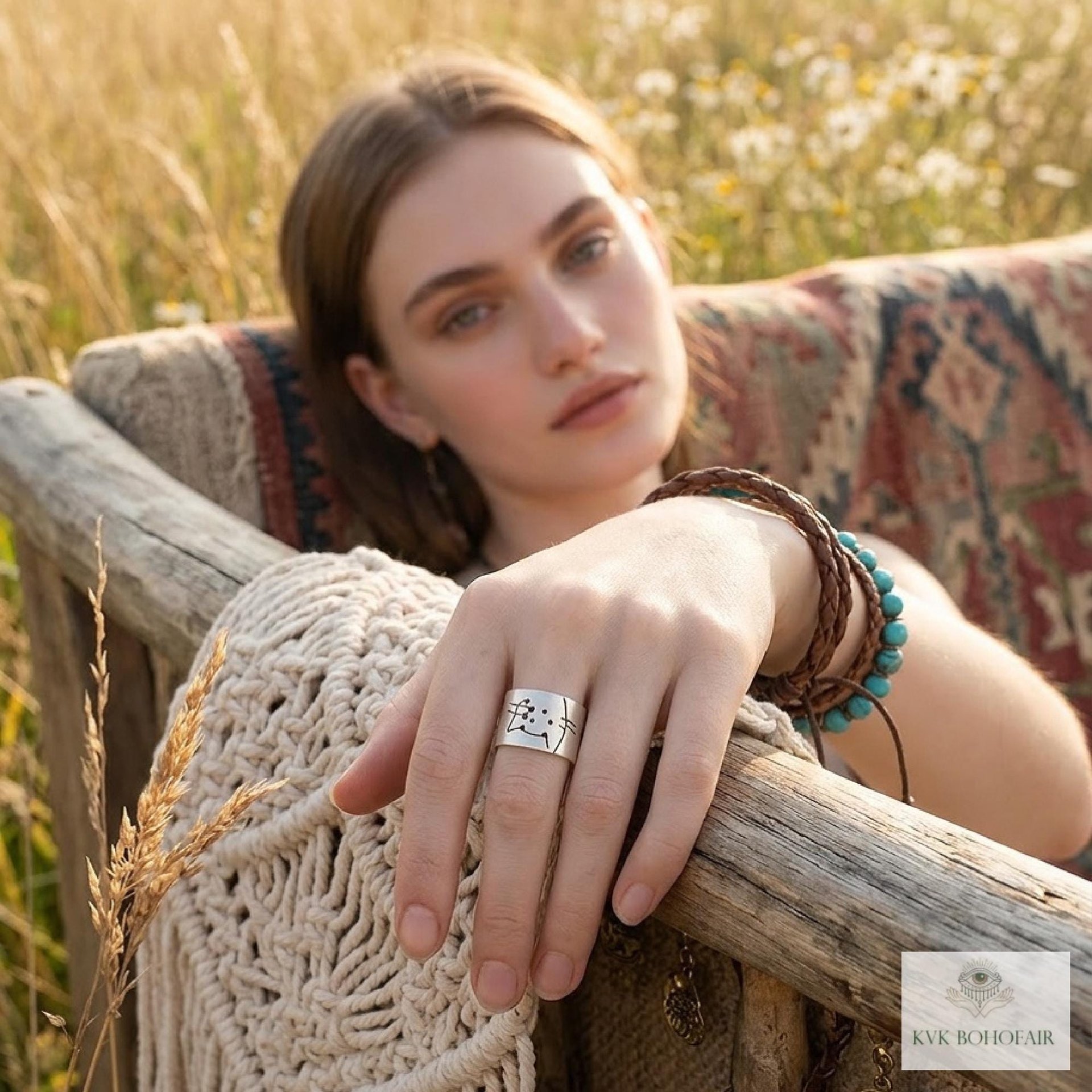 Silver-Plated Brass Cat Tree Face Ring – Rustic Boho Adjustable Statement Jewelry