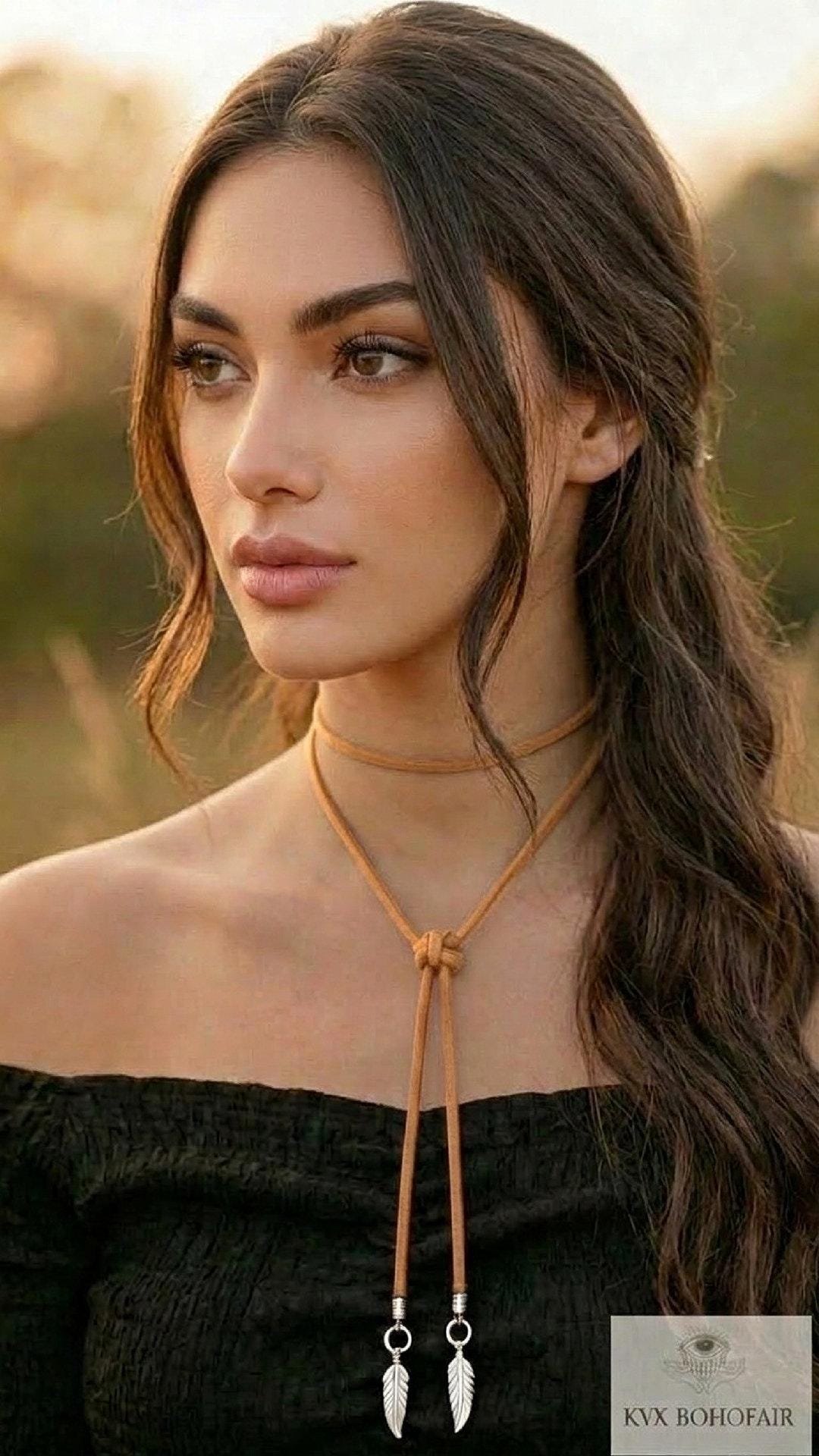 Brown Suede Lariat Feather Necklace - Adjustable Length Long Cord Jewelry