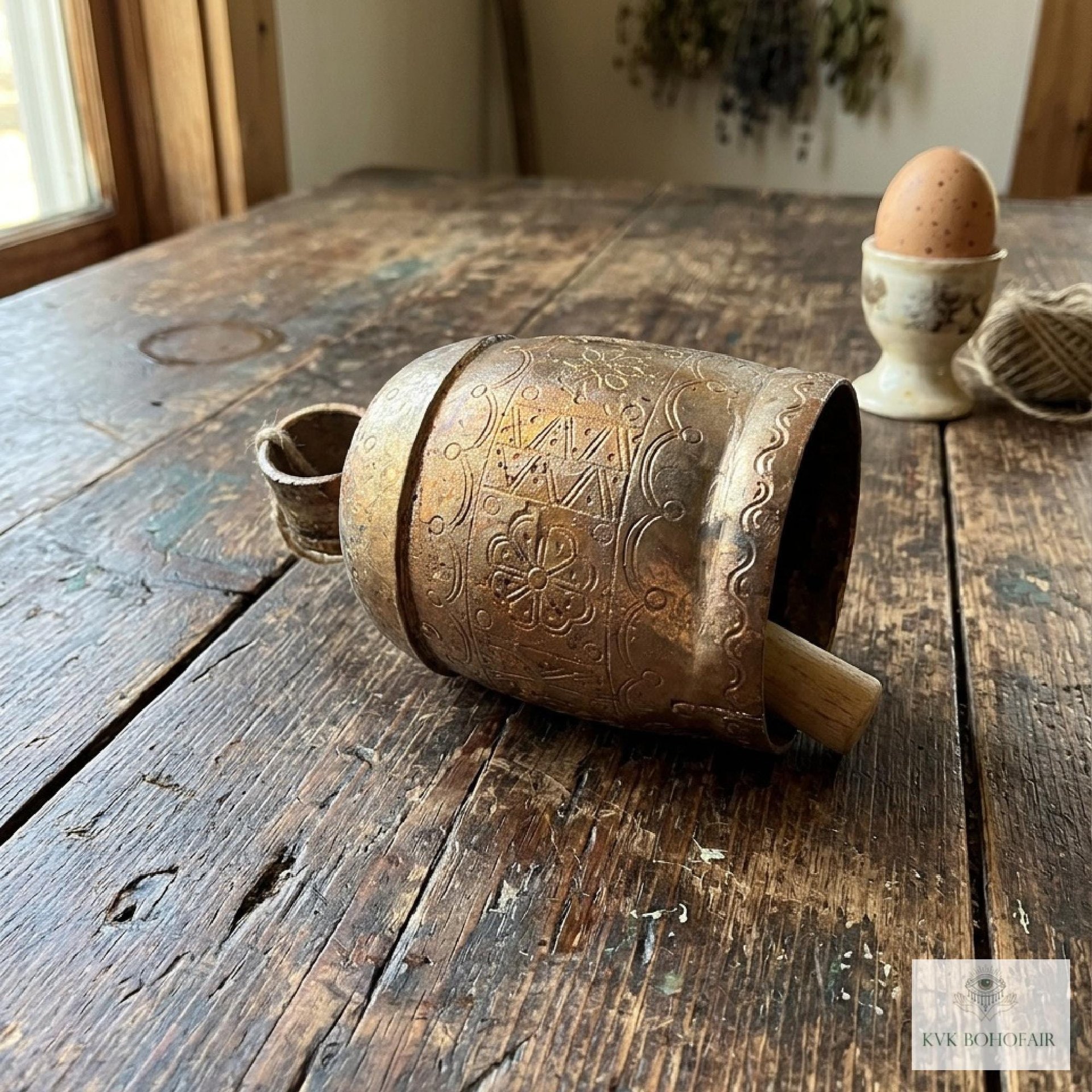 Handmade Etched Copper Bell with Jute Cord: Artisan-made Boho Wall Hanging