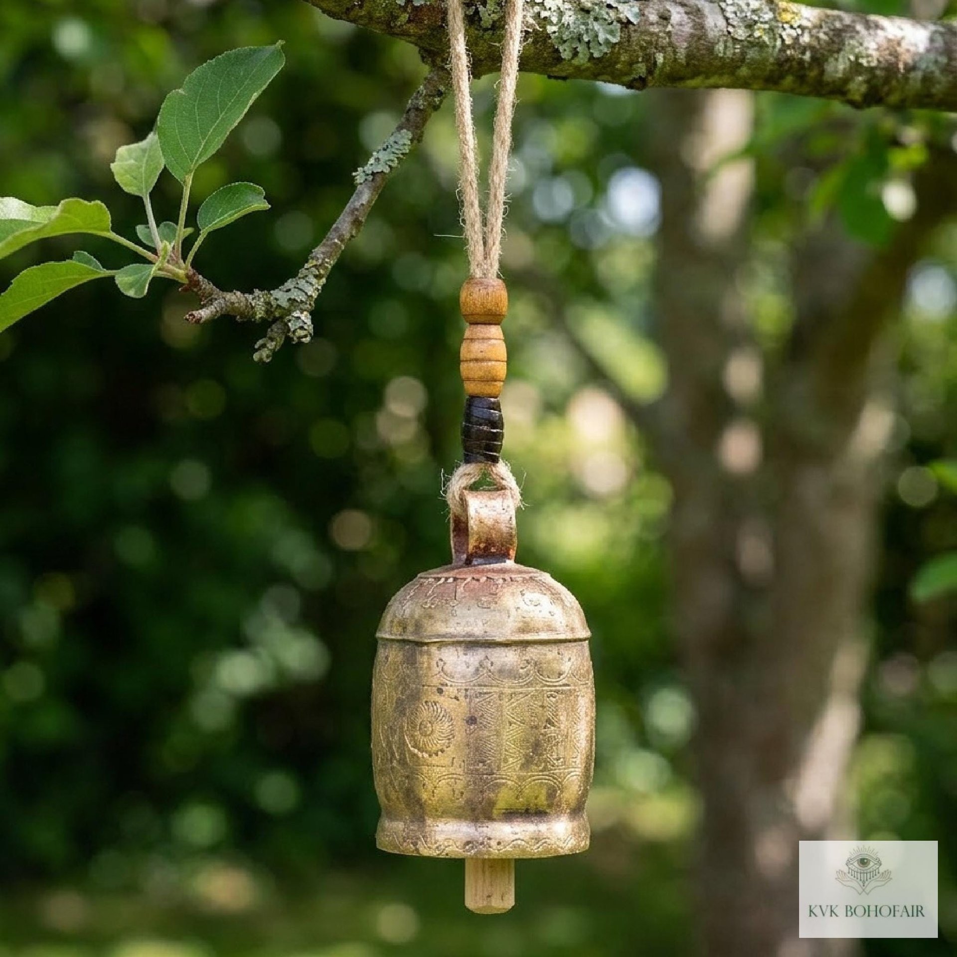 Handmade Etched Copper Bell with Jute Cord: Artisan-made Boho Wall Hanging