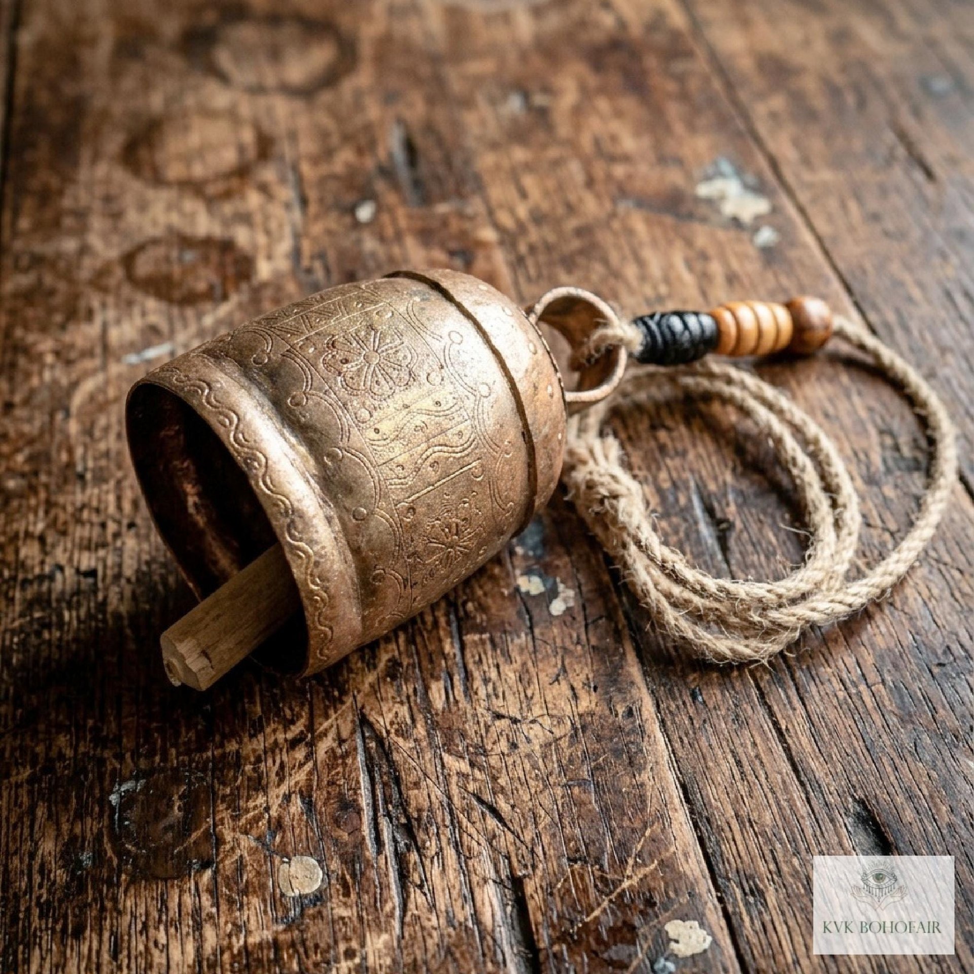 Handmade Etched Copper Bell with Jute Cord: Artisan-made Boho Wall Hanging