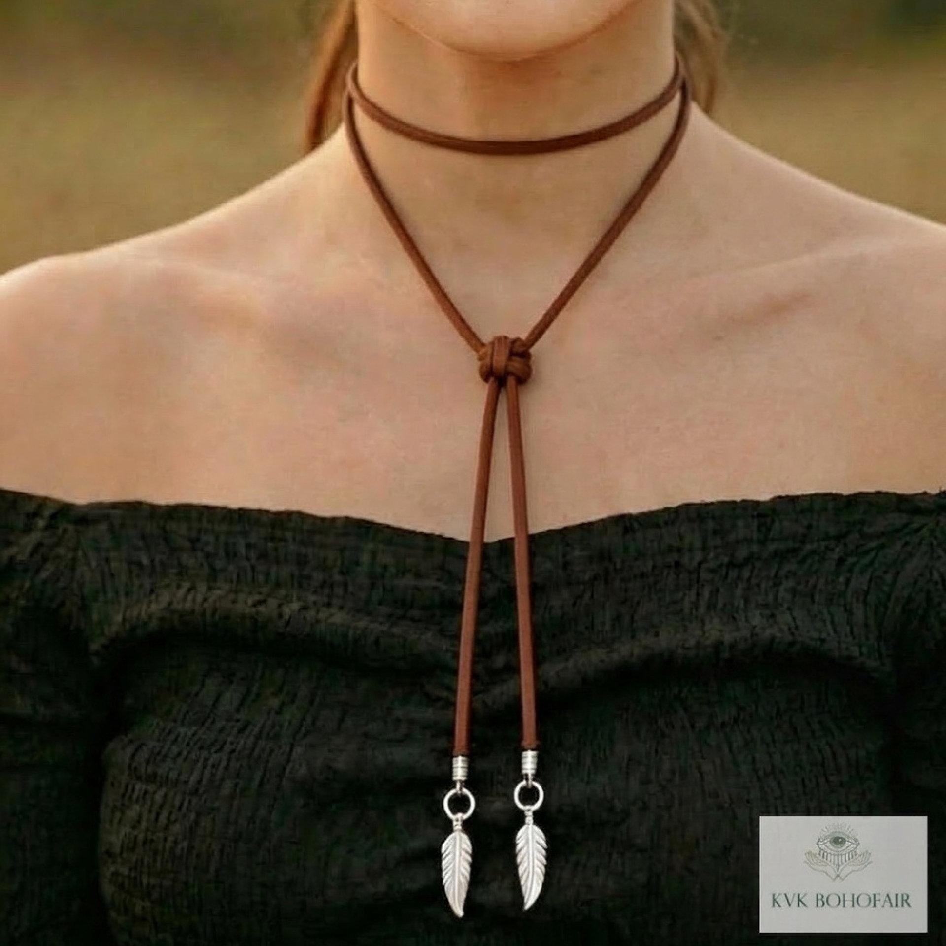 Brown Suede Lariat Feather Necklace - Adjustable Length Long Cord Jewelry