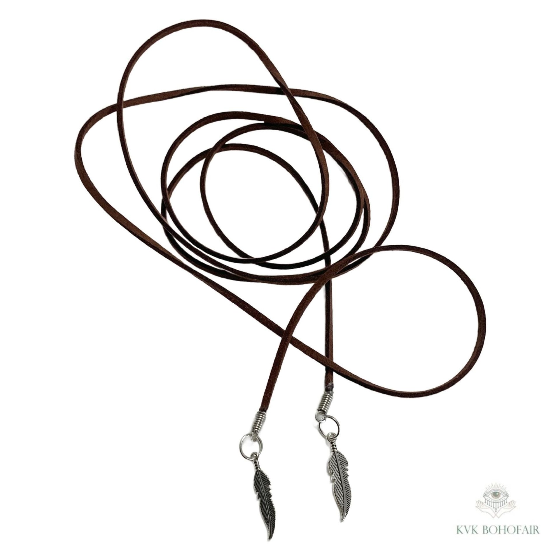 Brown Suede Lariat Feather Necklace - Adjustable Length Long Cord Jewelry
