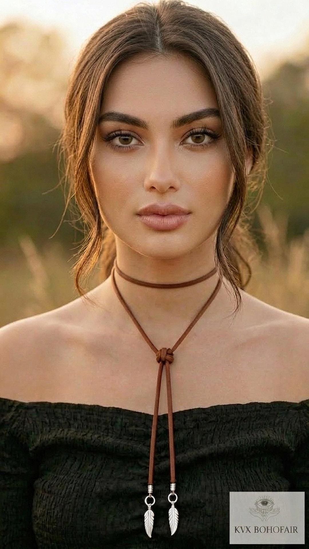 Brown Suede Lariat Feather Necklace - Adjustable Length Long Cord Jewelry
