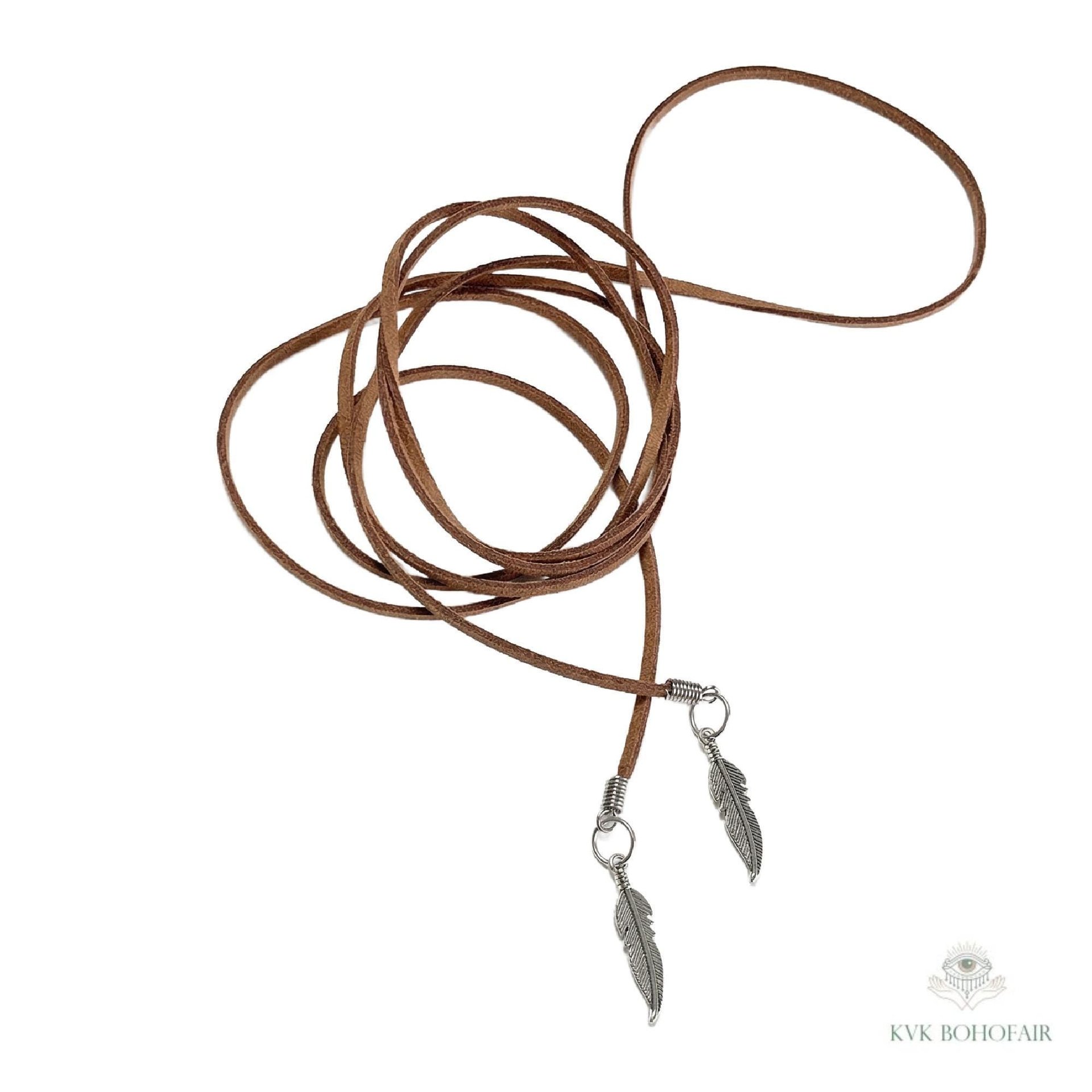 Brown Suede Lariat Feather Necklace - Adjustable Length Long Cord Jewelry
