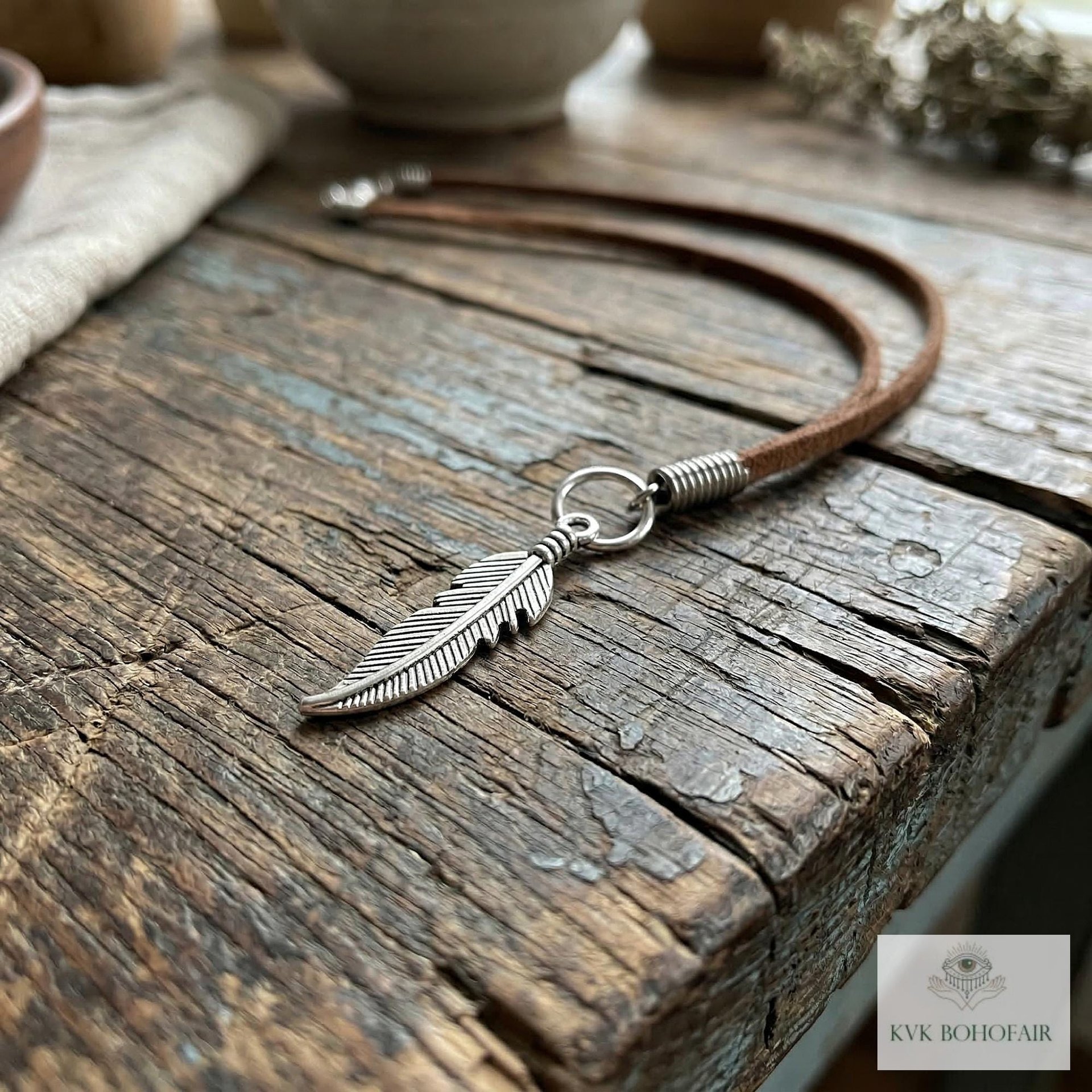 Brown Suede Lariat Feather Necklace - Adjustable Length Long Cord Jewelry