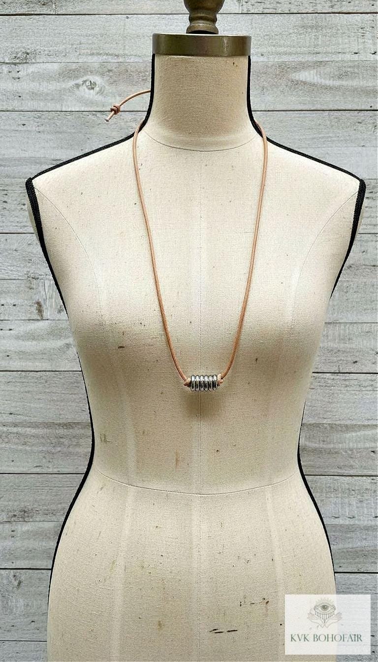 Boho Leather & Silver Bead Necklace - Adjustable Minimalist Style