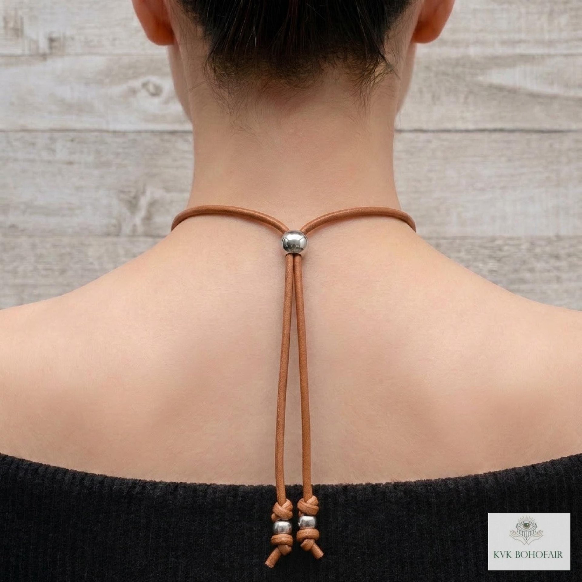 Boho Leather & Silver Bead Necklace - Adjustable Minimalist Style