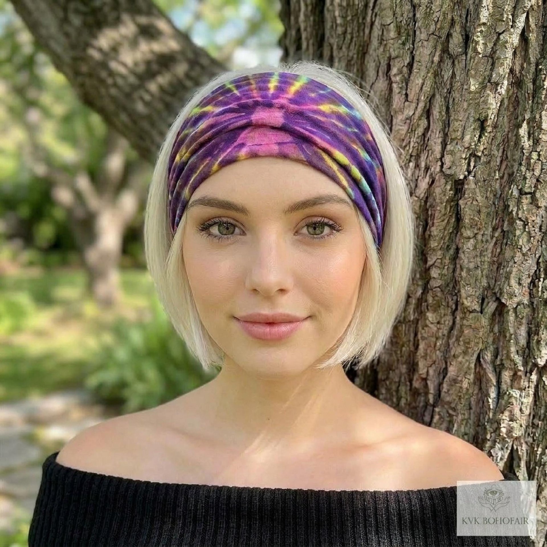 Purple Tie Dye Cotton Headband, Wide Boho Yoga Headwrap for Women, Bohemian Workout Hairband