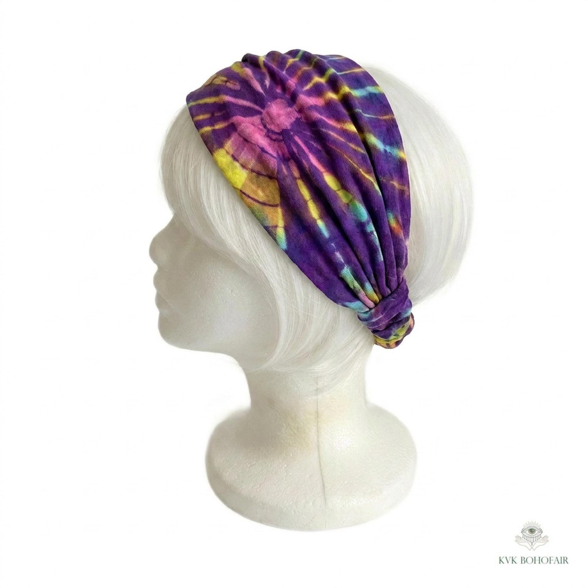 Purple Tie Dye Cotton Headband, Wide Boho Yoga Headwrap for Women, Bohemian Workout Hairband