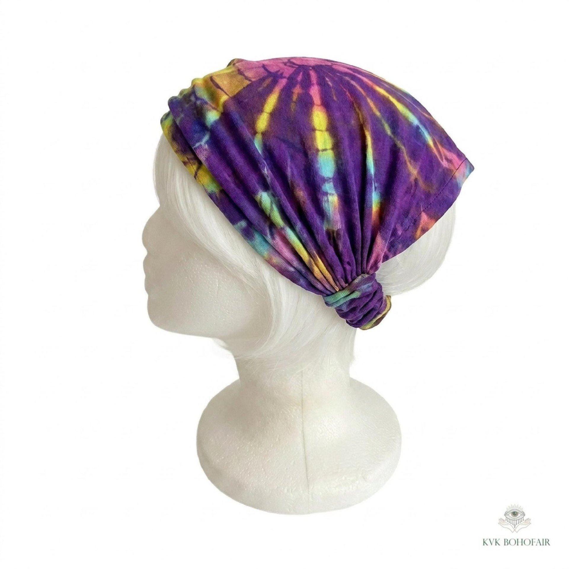 Purple Tie Dye Cotton Headband, Wide Boho Yoga Headwrap for Women, Bohemian Workout Hairband