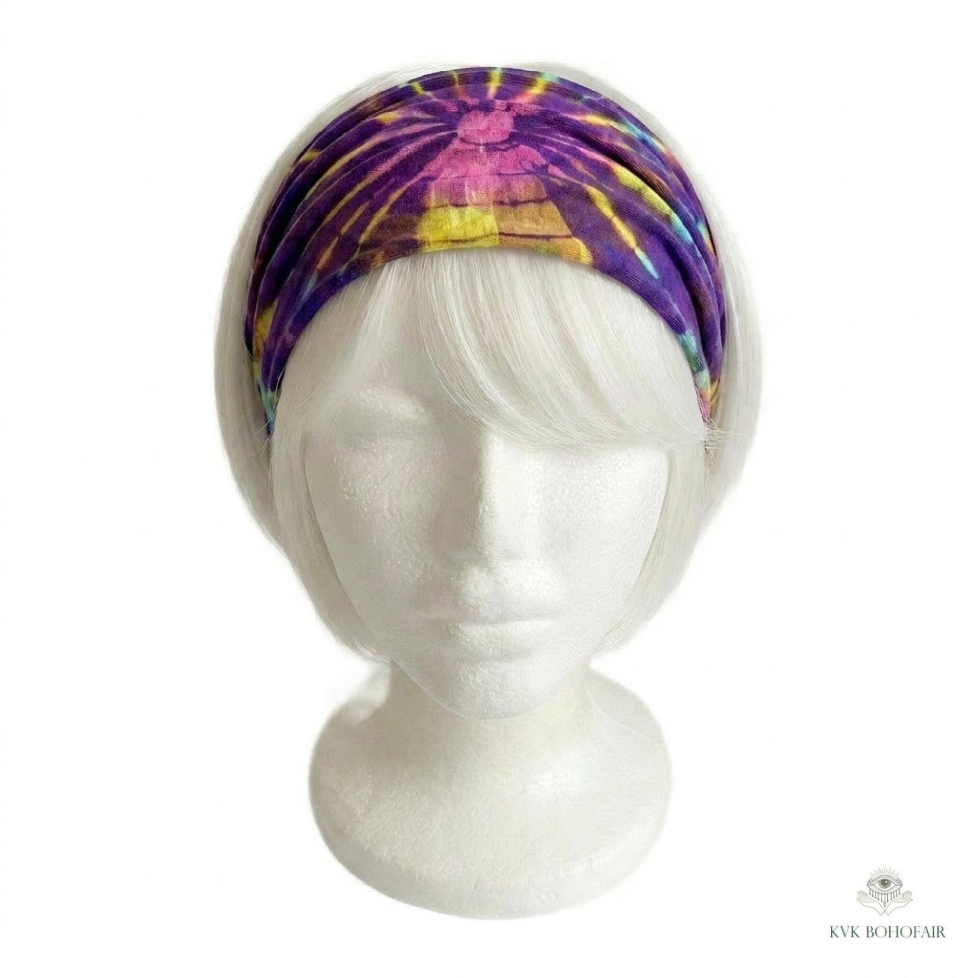 Purple Tie Dye Cotton Headband, Wide Boho Yoga Headwrap for Women, Bohemian Workout Hairband