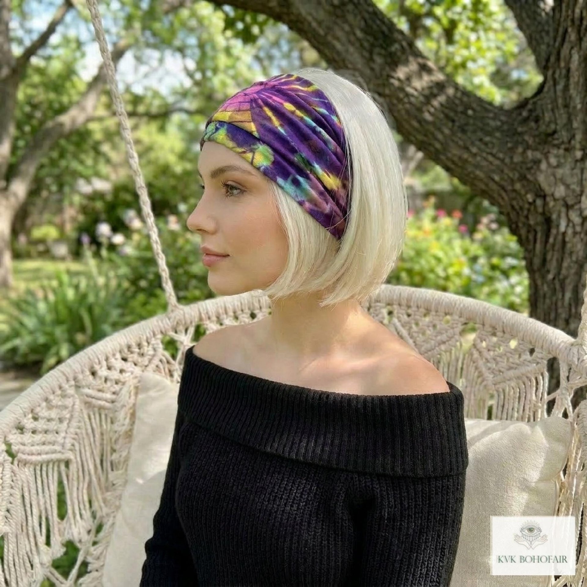 Purple Tie Dye Cotton Headband, Wide Boho Yoga Headwrap for Women, Bohemian Workout Hairband