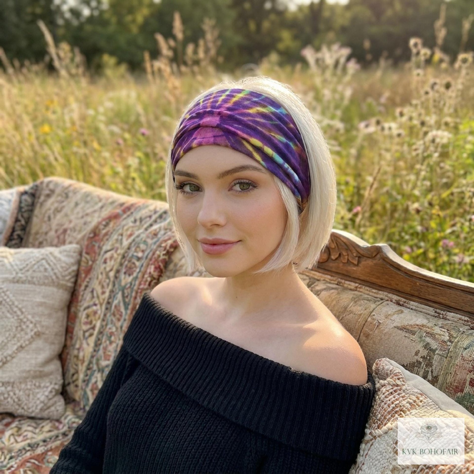 Purple Tie Dye Cotton Headband, Wide Boho Yoga Headwrap for Women, Bohemian Workout Hairband