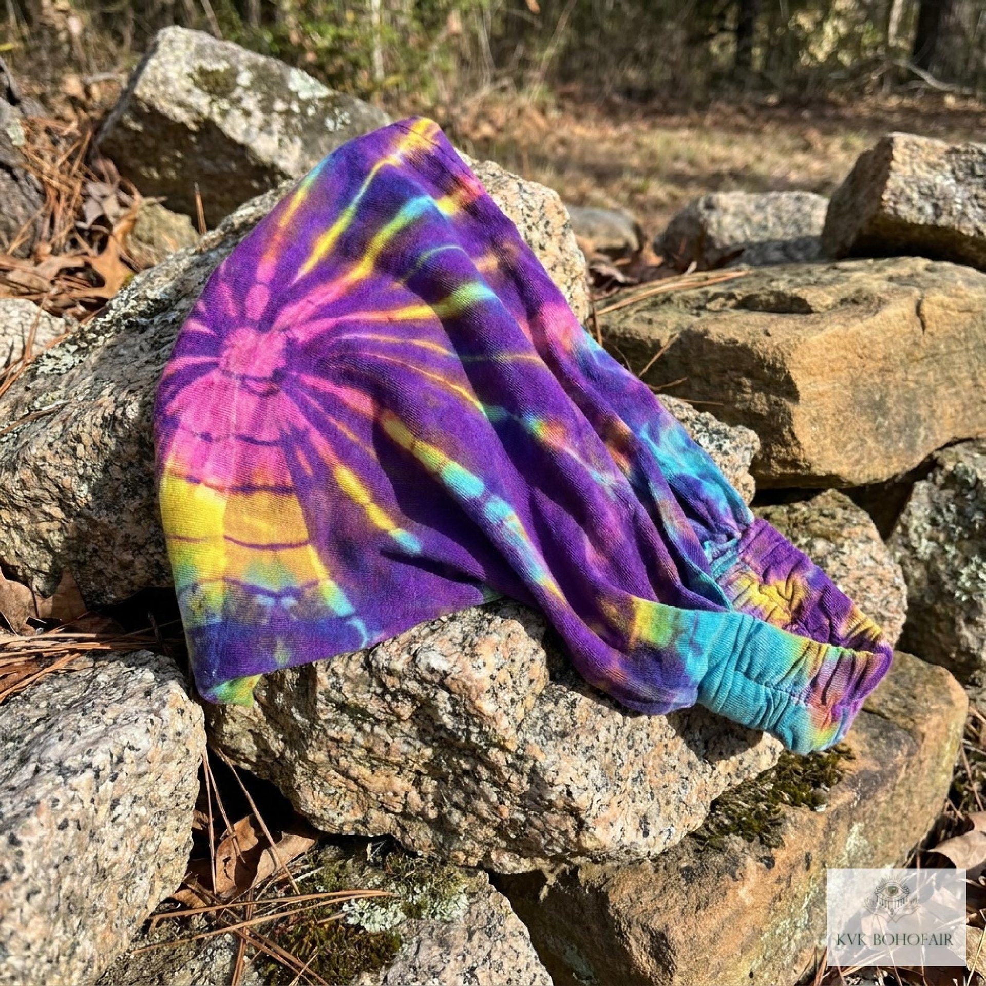 Purple Tie Dye Cotton Headband, Wide Boho Yoga Headwrap for Women, Bohemian Workout Hairband
