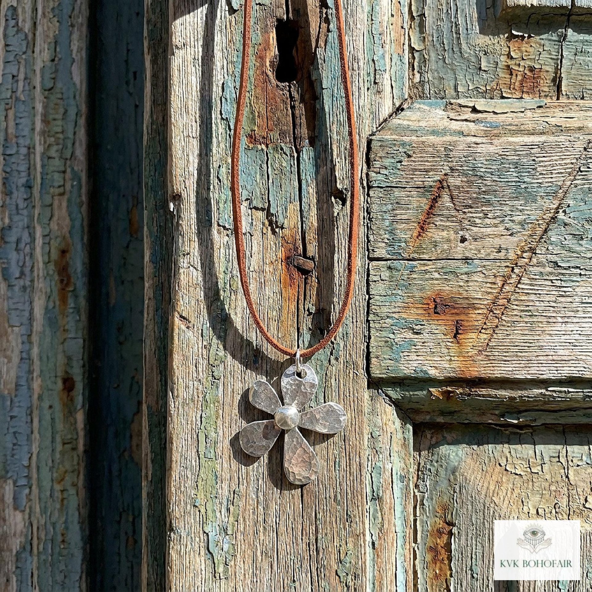 Silver Boho Flower Choker Necklace, Brown Suede Botanical Pendant