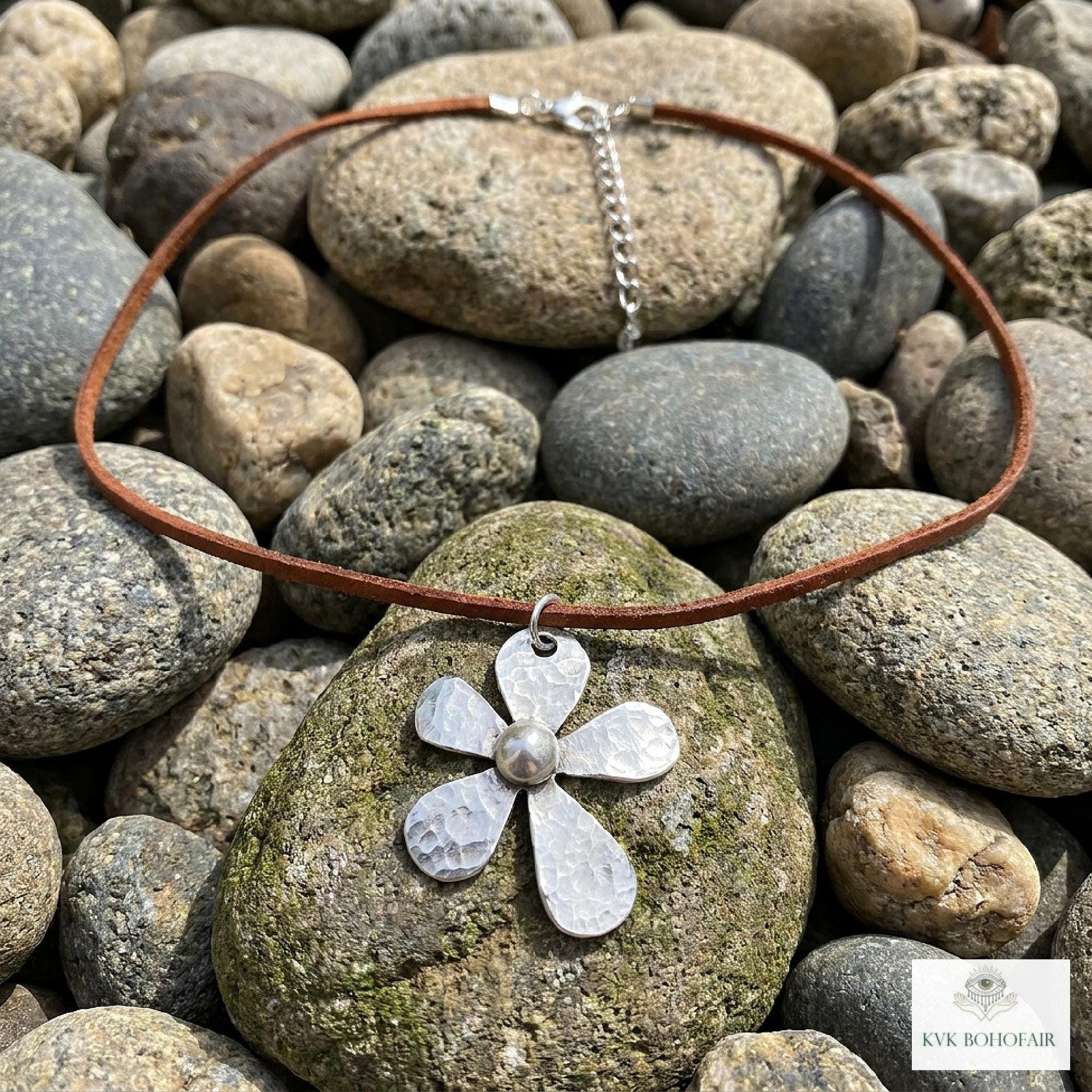 Silver Boho Flower Choker Necklace, Brown Suede Botanical Pendant