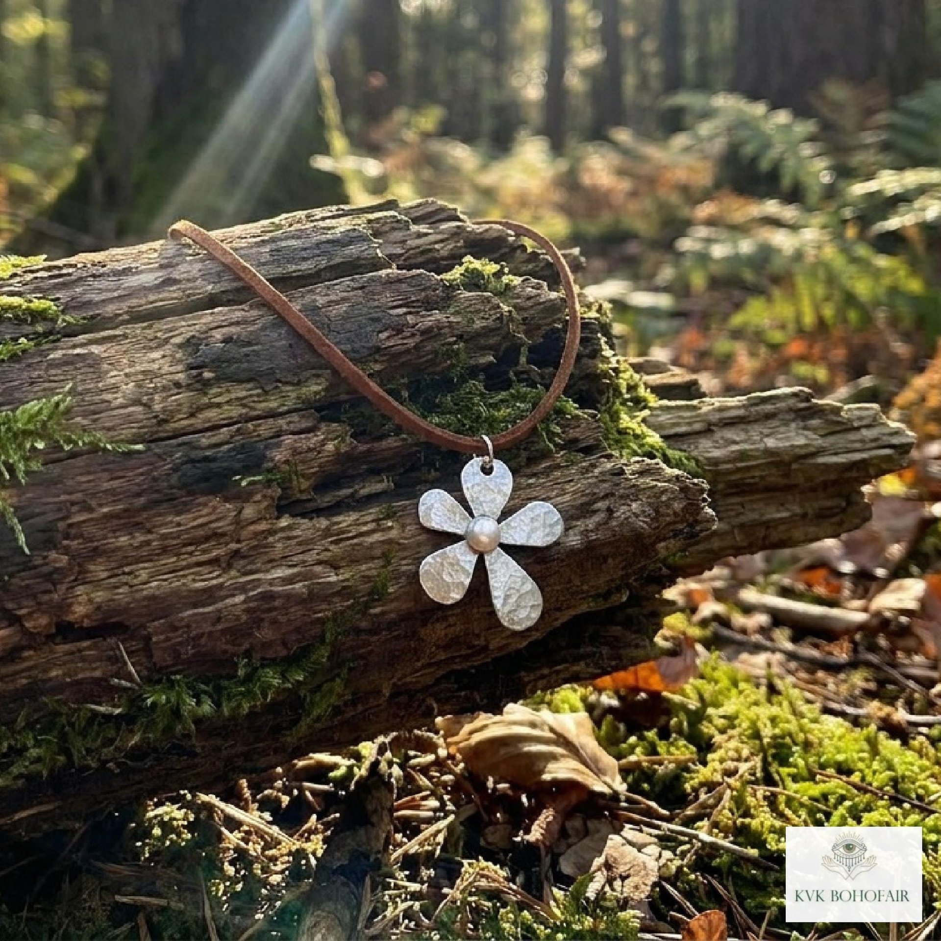 Silver Boho Flower Choker Necklace, Brown Suede Botanical Pendant