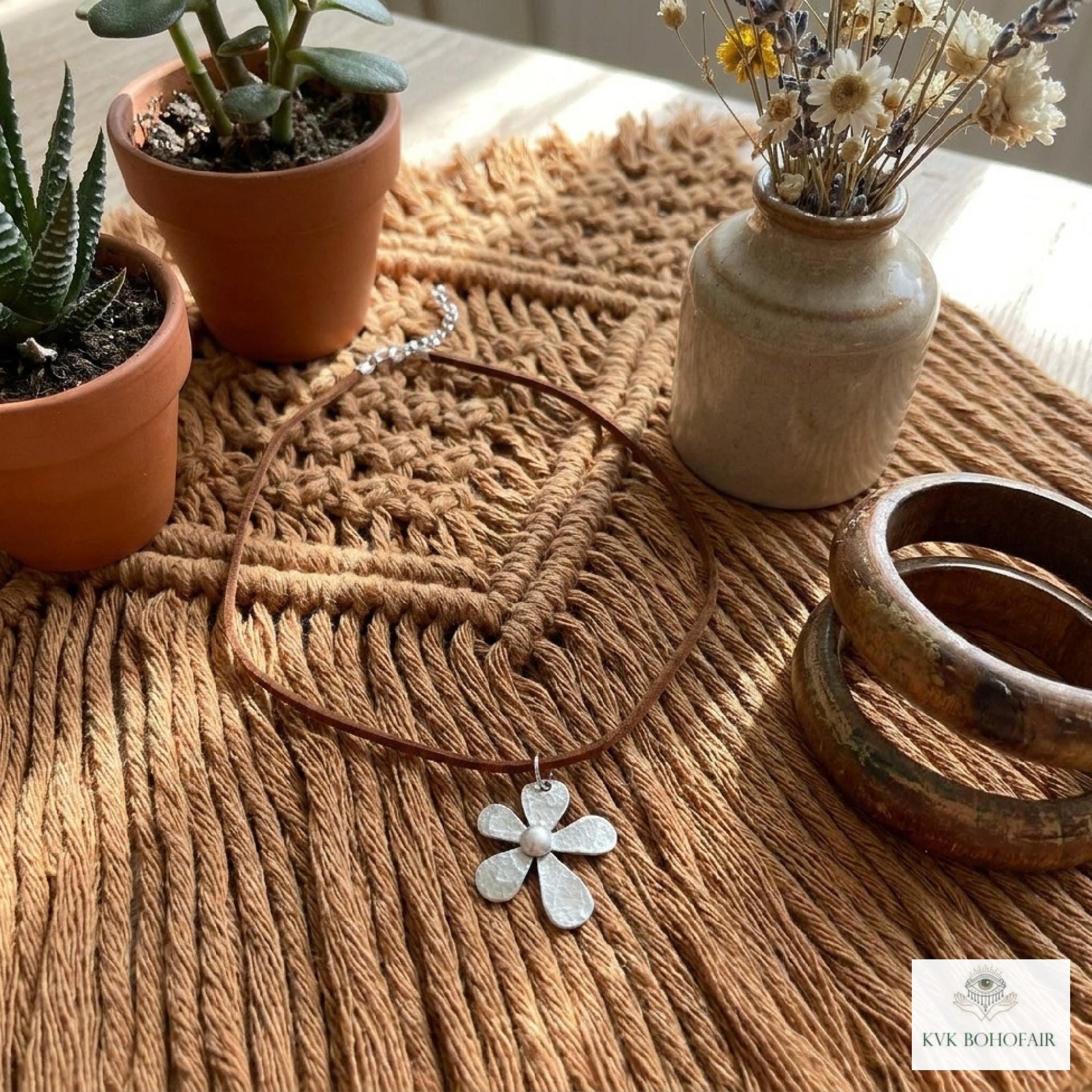 Silver Boho Flower Choker Necklace, Brown Suede Botanical Pendant
