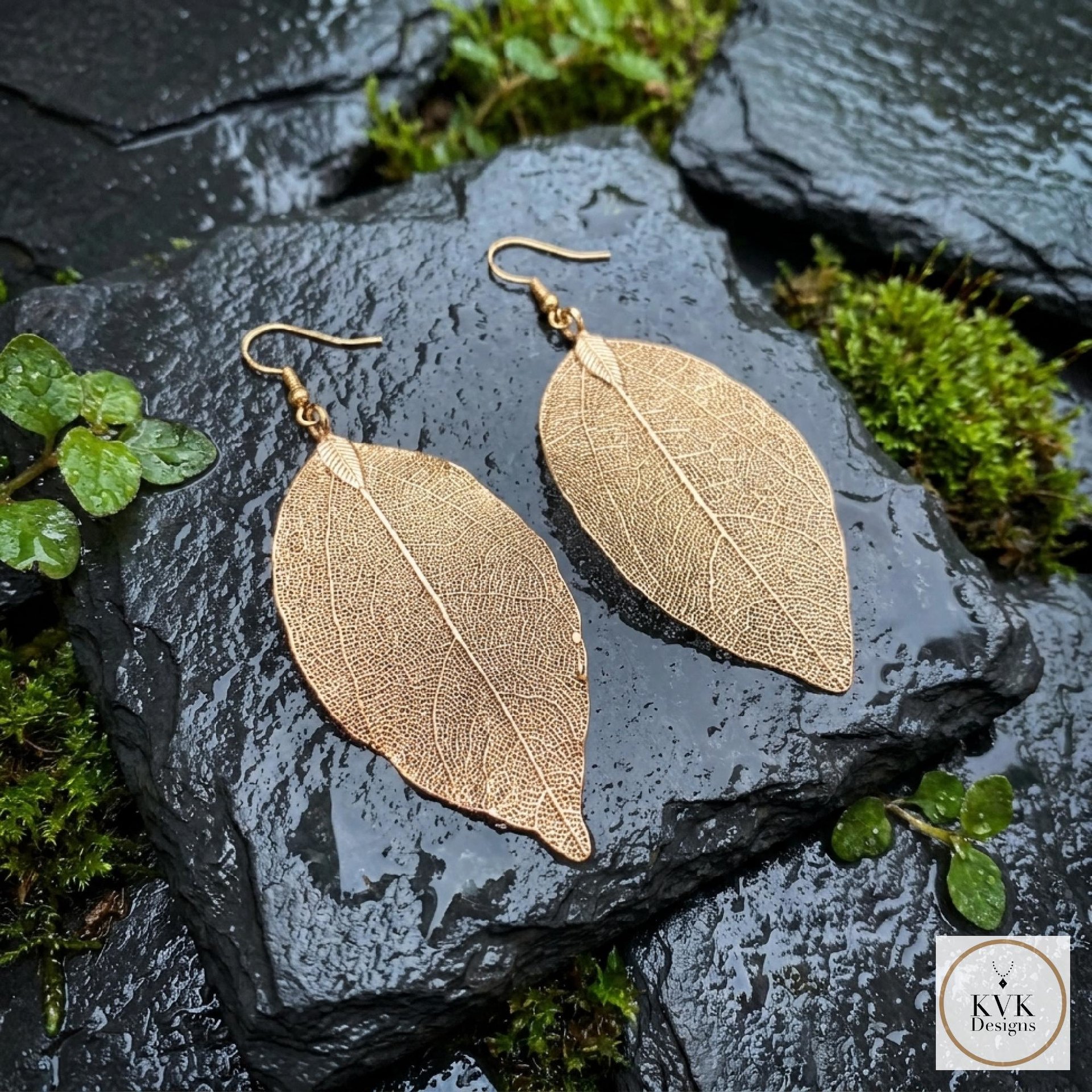 Handcrafted Gold Leaf Earrings, Elegant Botanical Dangles, Delicate Nature Jewelry Drops