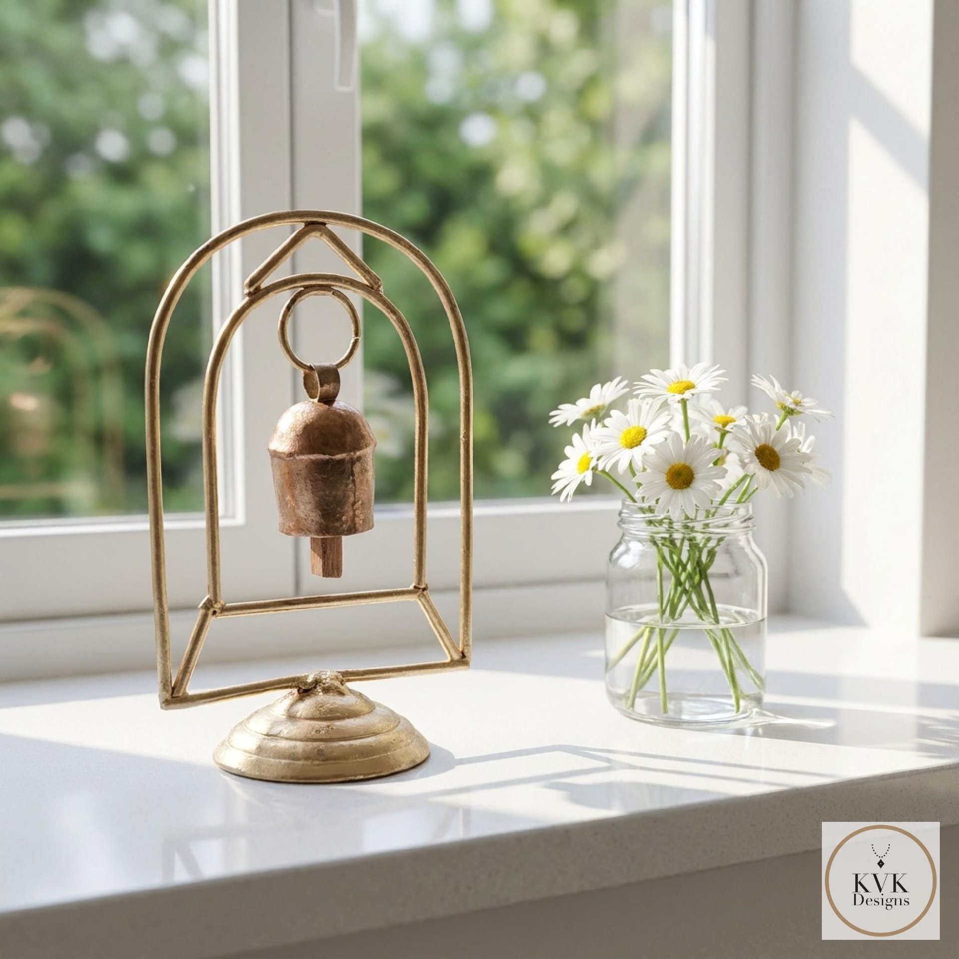 Zen Bell on Stand Peaceful Chime - Handcrafted Artisan Boho Metal Decor, 6 Inch