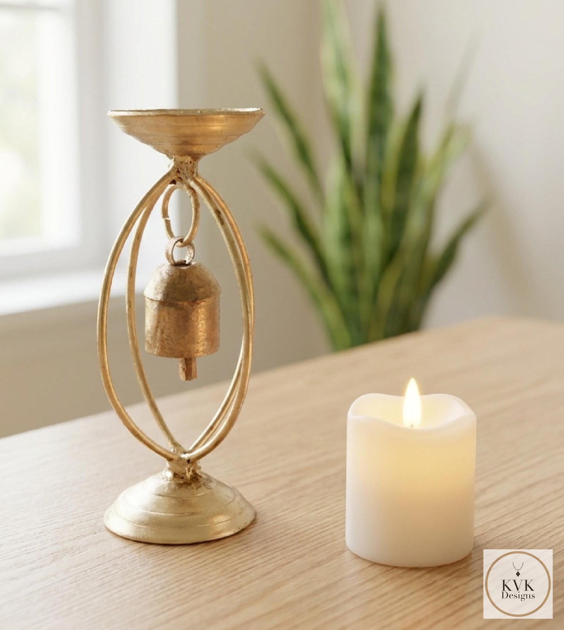 Zen Bell Votive Candle Holder - Artisan Metal Chime Altar Display Stand, 6.5 Inch
