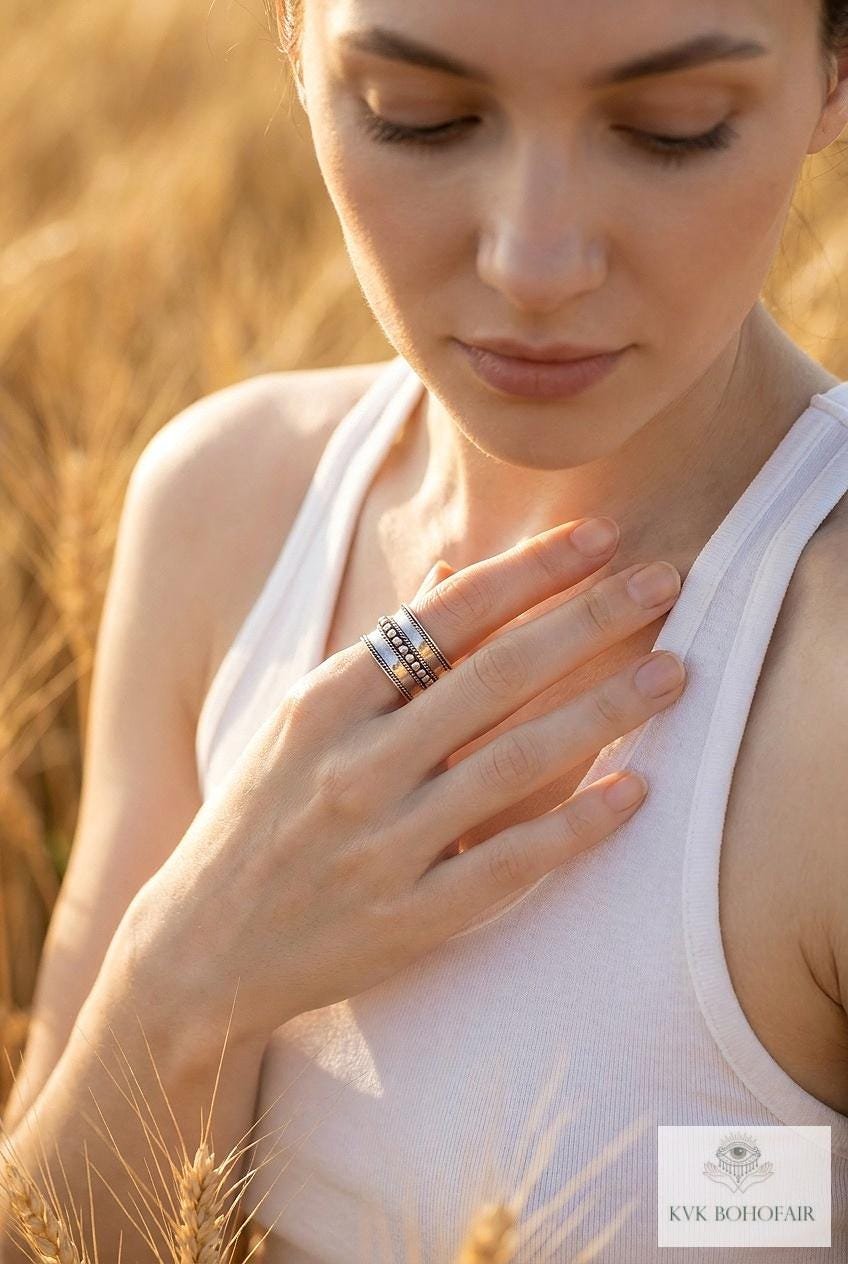 Sterling Silver Wide Band Ring: Boho Dot Detail, Handmade