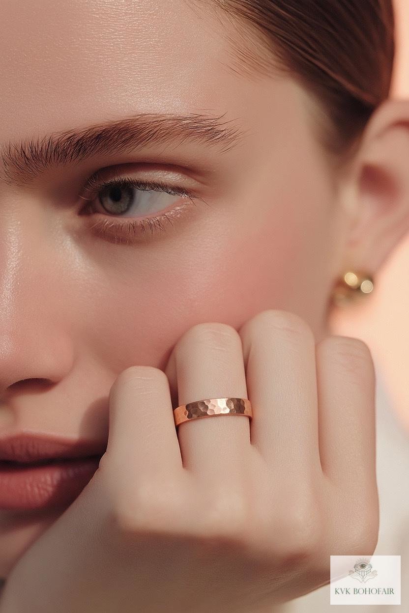 4.7 mm Copper Ring - Rustic Hammered Band, Unique Boho Style Jewelry