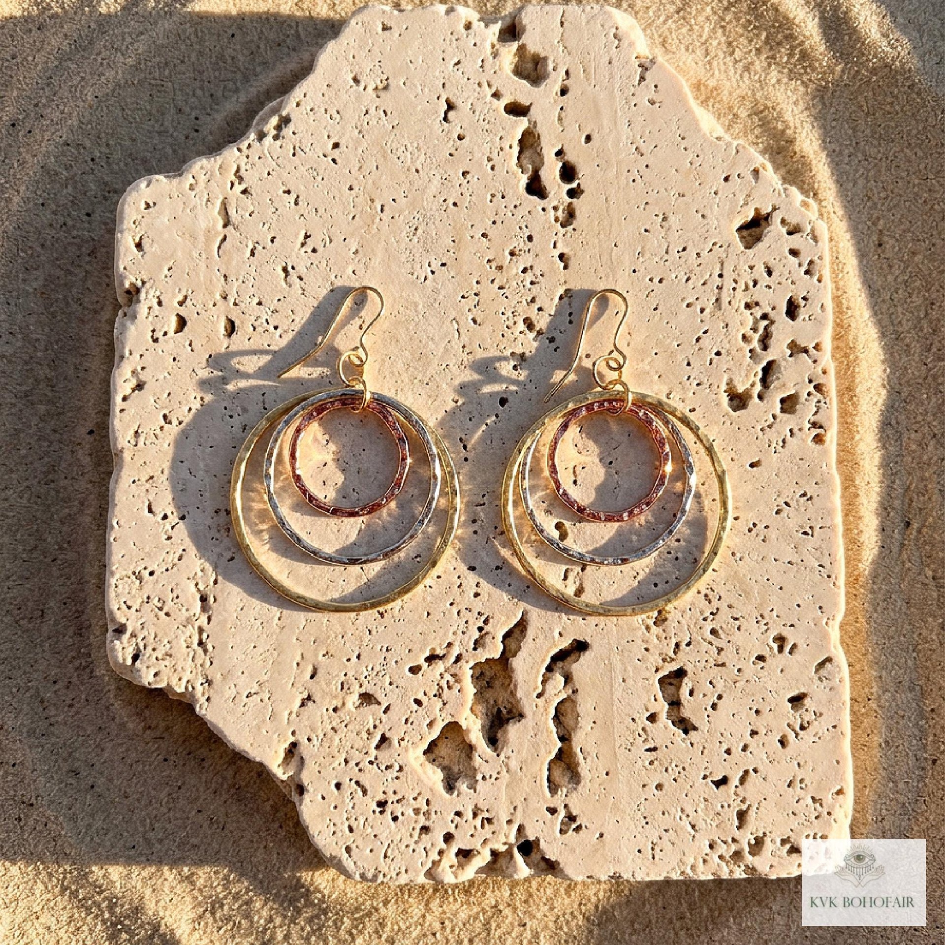 Mixed Metal Dangle Earrings - Hammered Tri Color Nested Hoops, Three Tone Circle Drops